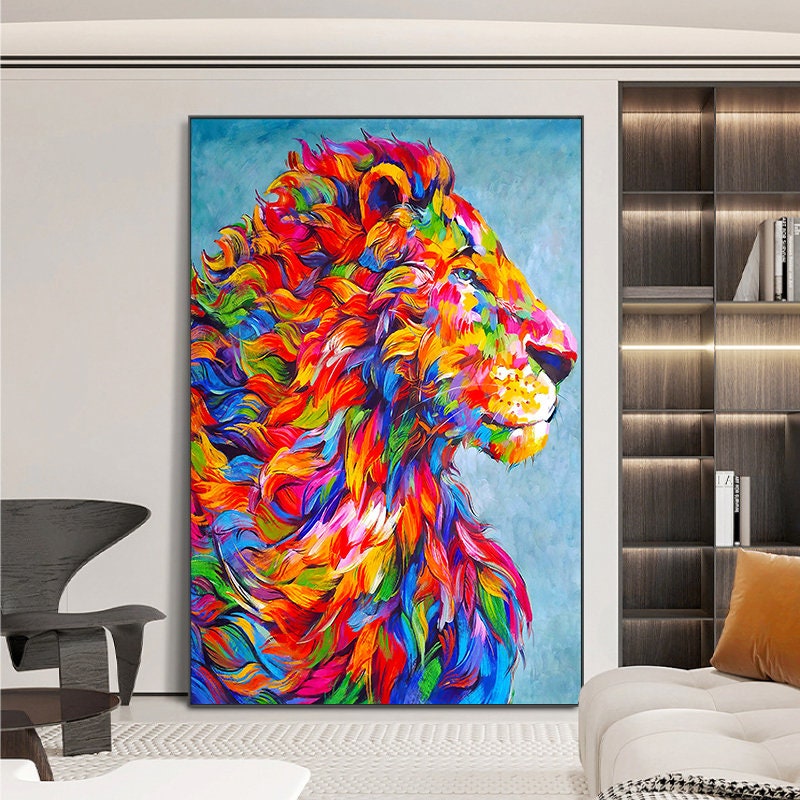 Abstract Lion Oil Painting on Canvas, Original Lion Canvas Wall Art, Modern Hand-painted Animal Wall Art for Living Room…