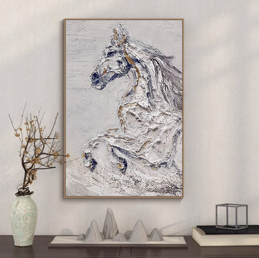 Hand-Painted Original Horse Oil Painting, Black and White Horse Canvas Art, Large Animal Painting on Canvas, Modern Horse…