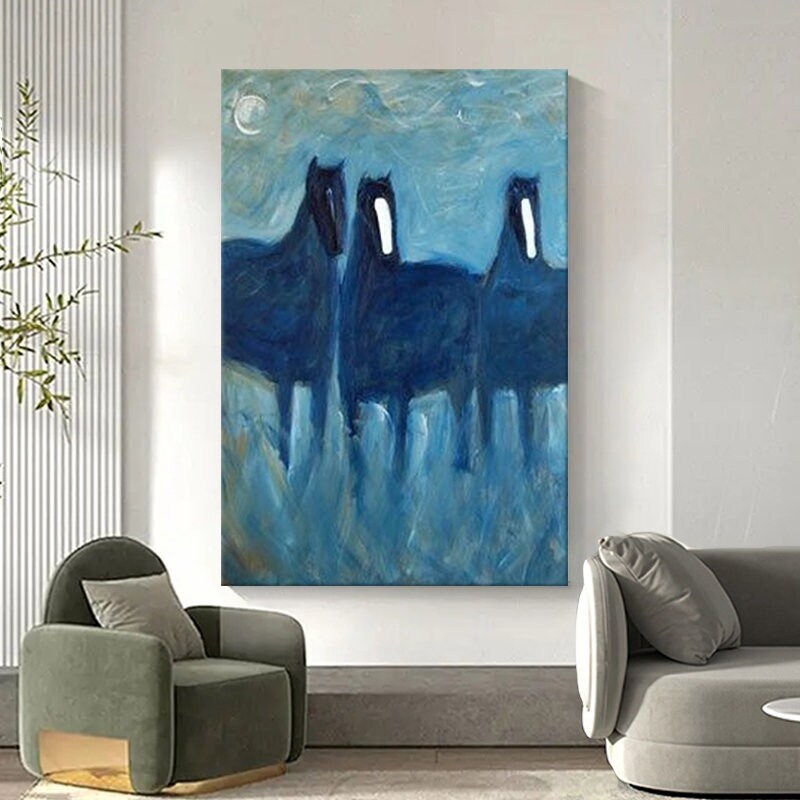 Abstract Horses Oil Painting on Canvas, Large Original Horses Canvas Wall Art, Modern Animal Painting for Living Room,…