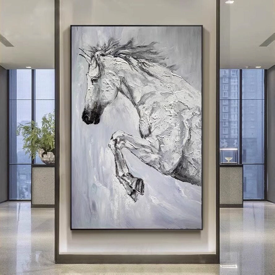 Textured Horse Oil Painting, Original Black and White Horse Canvas Art, Large Animal Painting on Canvas, Modern Horse Wall…