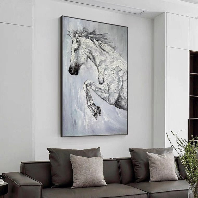 Textured Horse Oil Painting, Original Black and White Horse Canvas Art, Large Animal Painting on Canvas, Modern Horse Wall…
