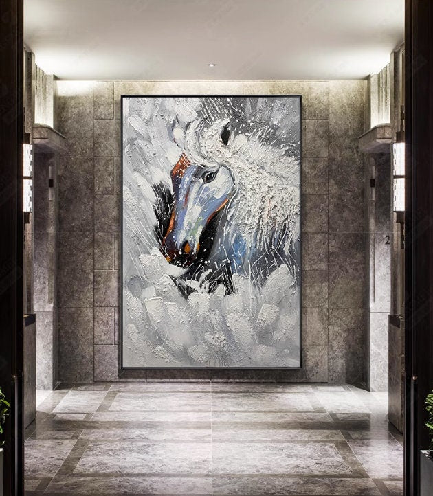 Textured Horse Oil Painting, Original Black and White Horse Canvas Art, Large Animal Painting on Canvas, Modern Horse Wall…