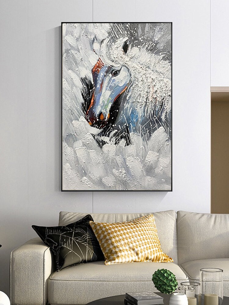 Textured Horse Oil Painting, Original Black and White Horse Canvas Art, Large Animal Painting on Canvas, Modern Horse Wall…