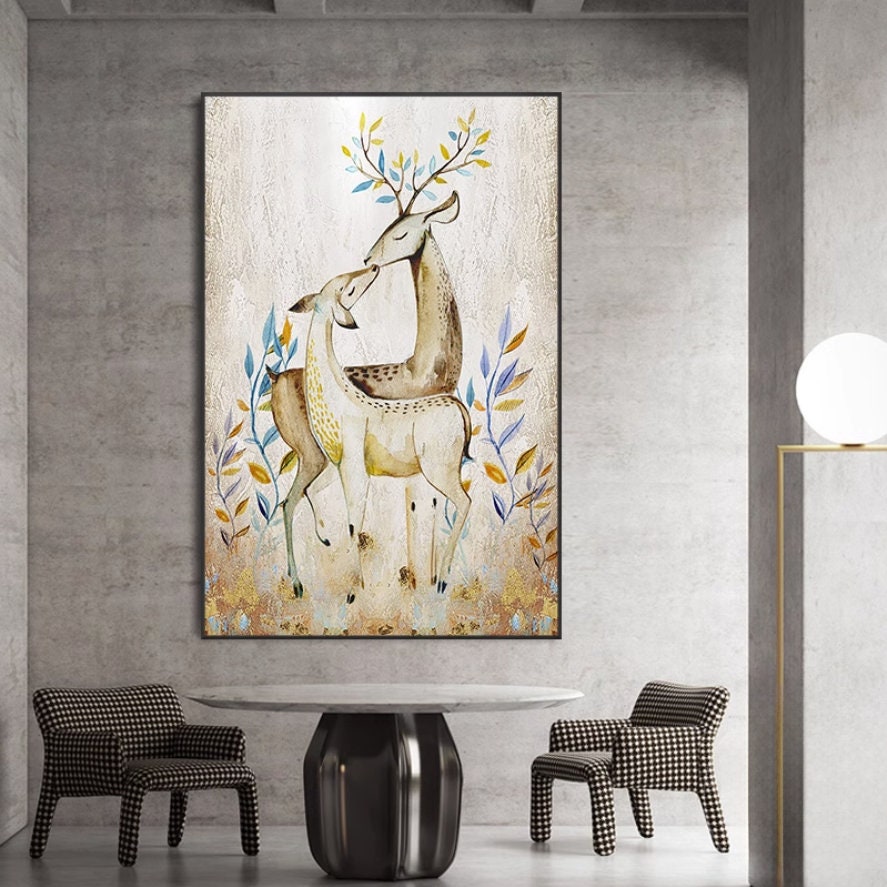 Large Abstract Deer Oil Painting on Canvas, Original and Hand-painted Stag Canvas Wall Art, Modern Animal Painting for Living…