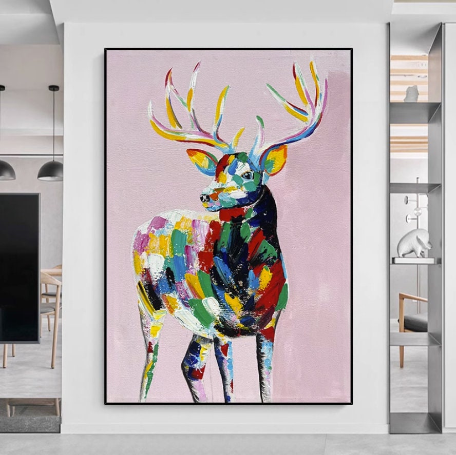 Large Abstract Deer Oil Painting on Canvas, Original and Hand-painted Stag Canvas Wall Art, Modern Animal Painting for Living…