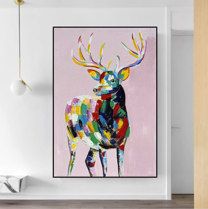 Large Abstract Deer Oil Painting on Canvas, Original and Hand-painted Stag Canvas Wall Art, Modern Animal Painting for Living…