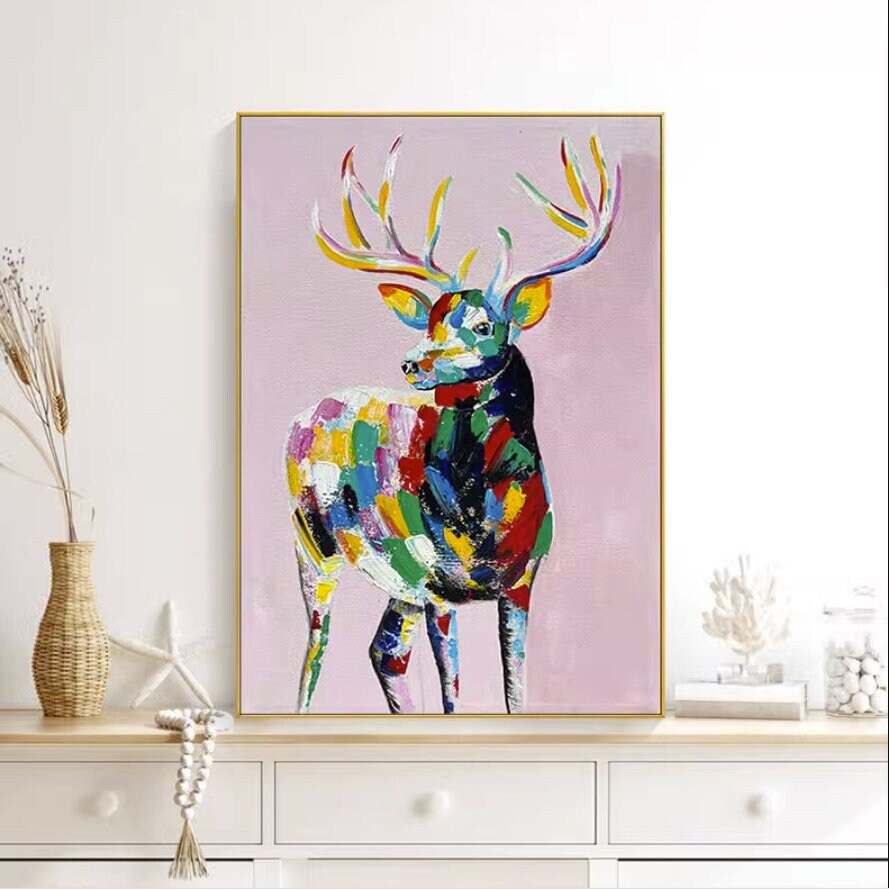Large Abstract Deer Oil Painting on Canvas, Original and Hand-painted Stag Canvas Wall Art, Modern Animal Painting for Living…