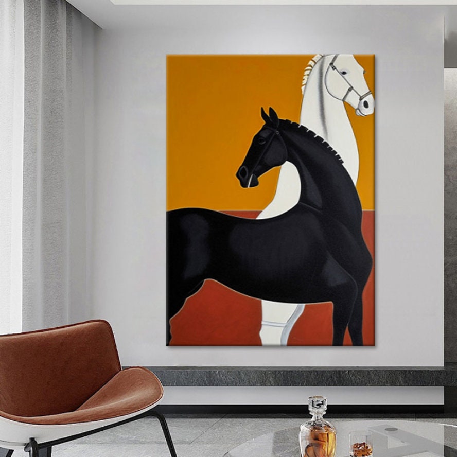 Abstract Black and White Horse Oil Painting on Canvas, Large Original Horses Canvas Wall Art, Modern Animal Wall Art for…