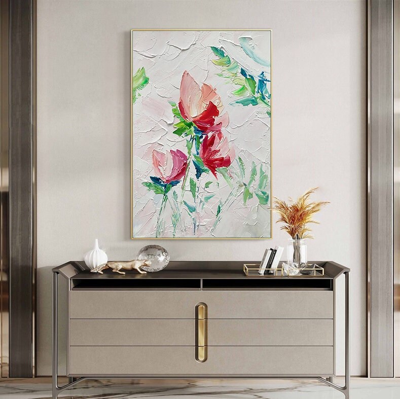 Original Floral Framed Wall Art, Flower Painting on Canvas, Abstract Flower Acrylic Painting, Large Canvas Wall Art
