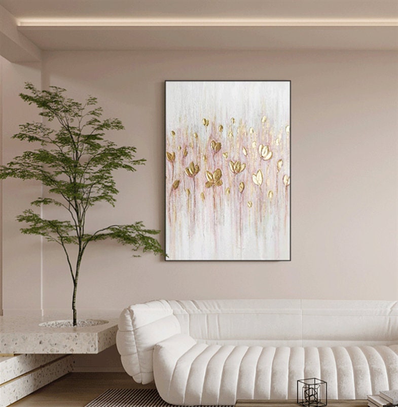 Gold Flower Wall Art, Textured Floral Painting on Canvas, Original Abstract Flower Acrylic Painting