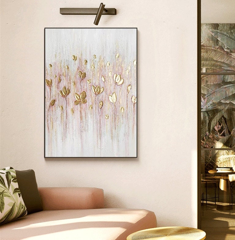 Gold Flower Wall Art, Textured Floral Painting on Canvas, Original Abstract Flower Acrylic Painting