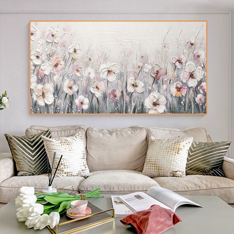 Textured Flower Painting, Original Floral Painting on Canvas, Abstract Grey Flower Canvas Wall Art, Acrylic Painting,…