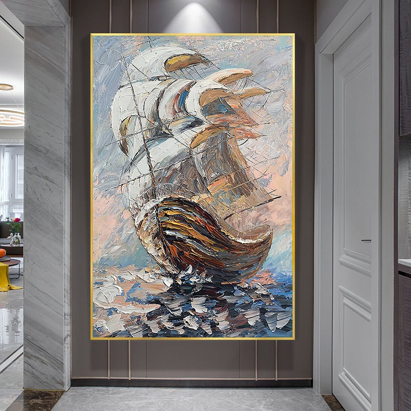 Sailing Boat Canvas Wall Art, Nautical Ship Painting on Canvas, Hand Painted Abstract Canvas Painting, Textured Sailboat…