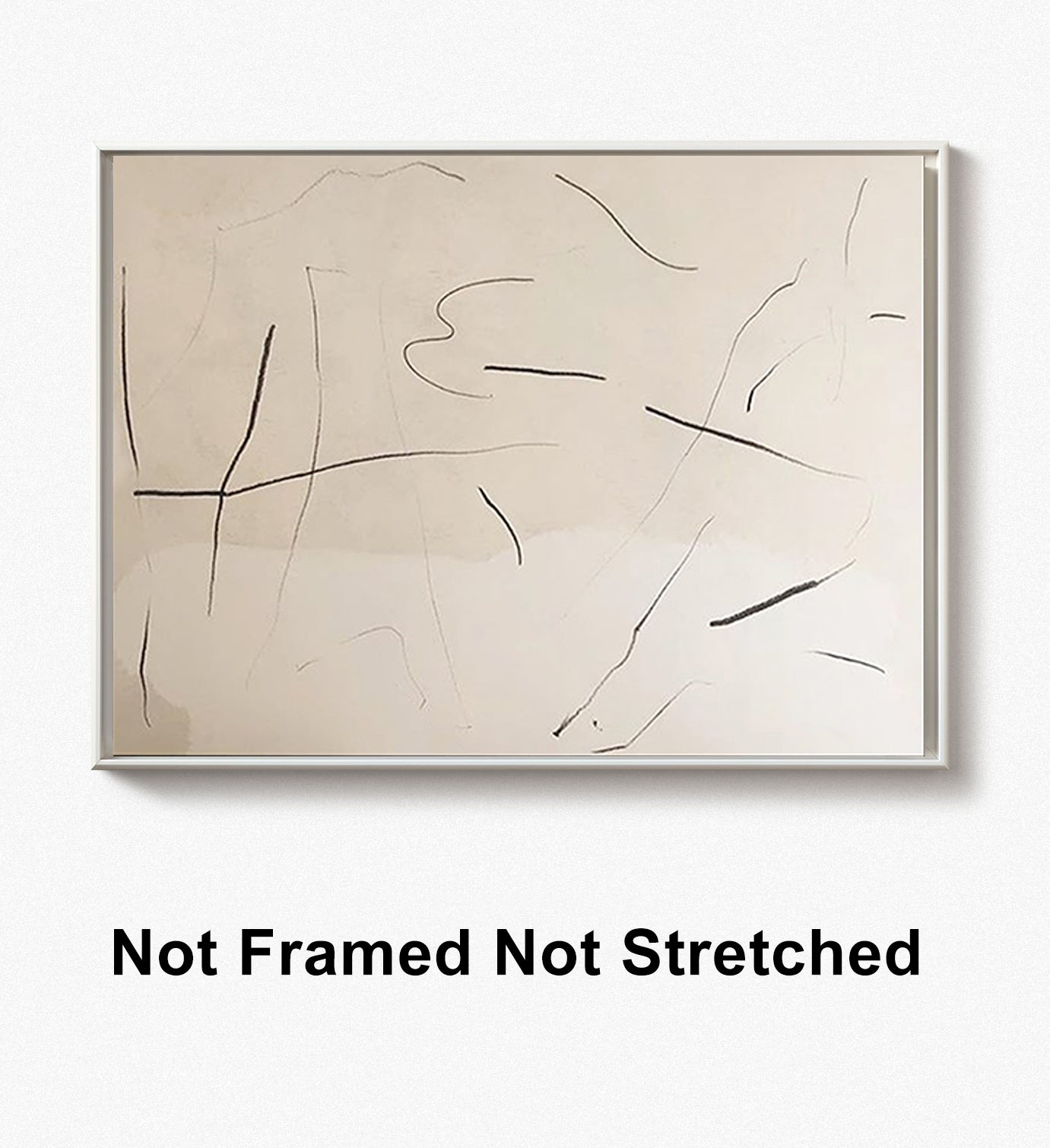 Unframed minimalist neutral abstract canvas painting with black linework