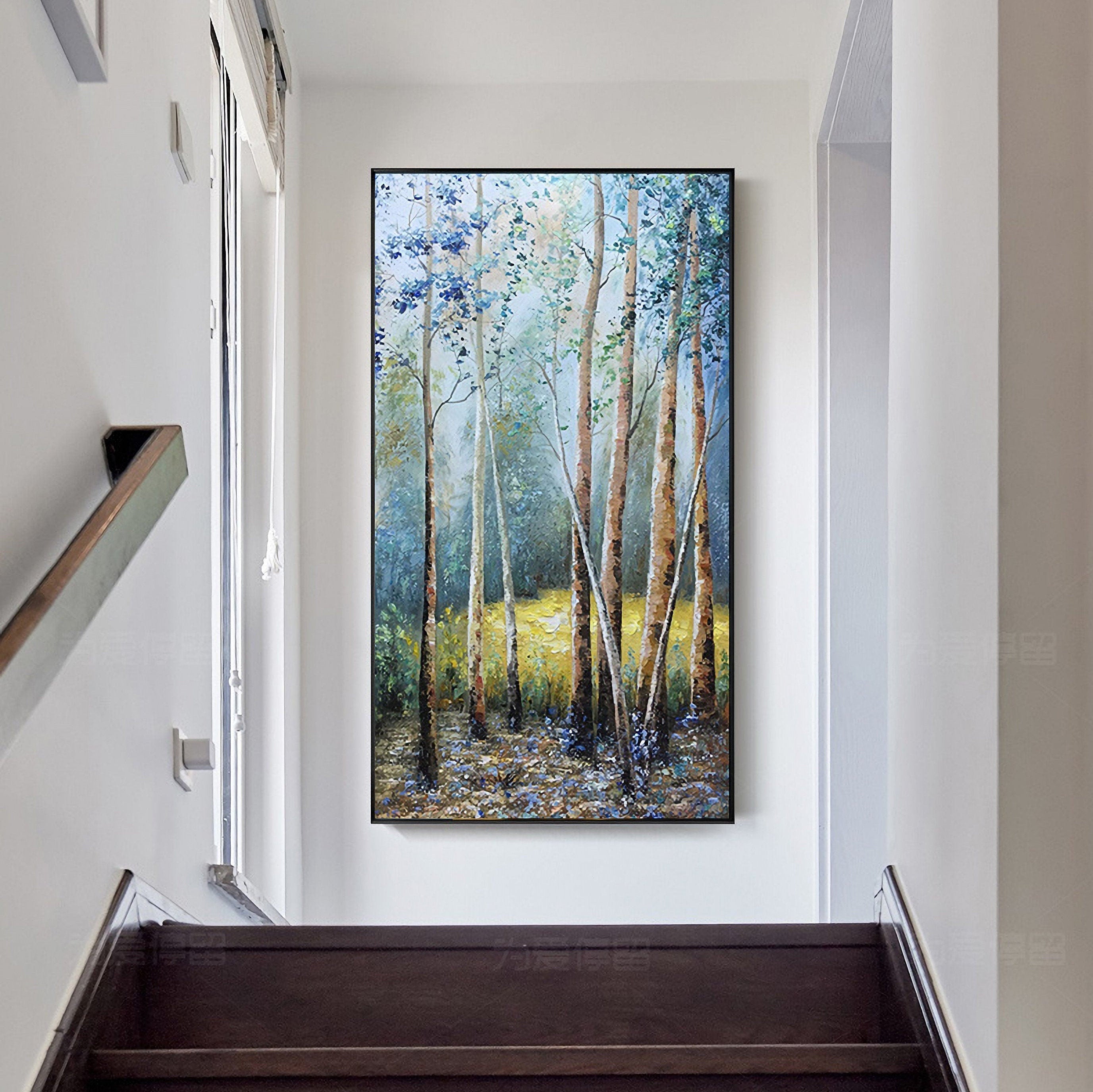 Birch Trees Oil Painting on Canvas, Abstract Landscape Wall Art, Original Tree Wall Art