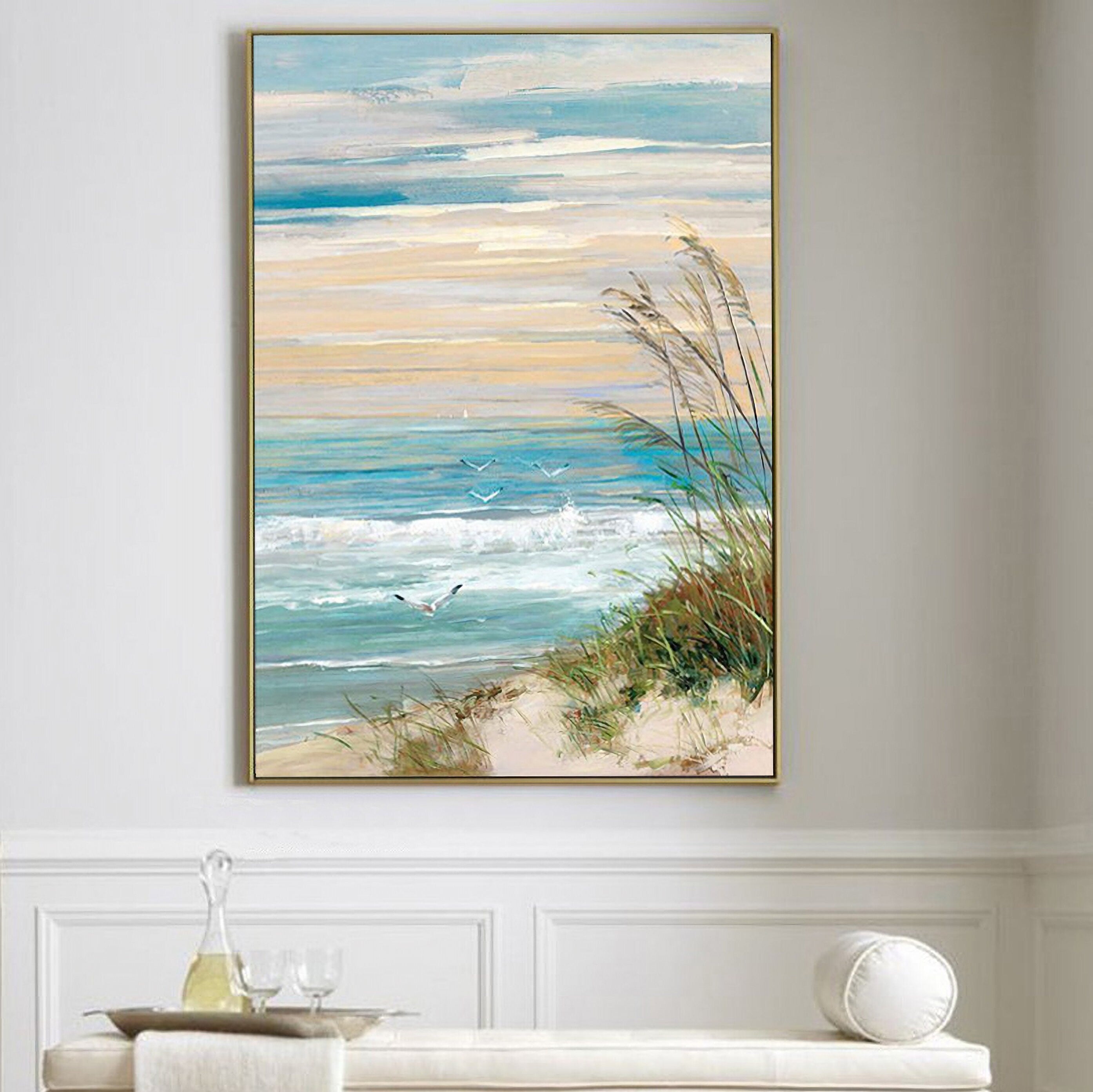 Abstract Beach Canvas Wall Art: Seashore Grasses Artwork Painting Seascape Painting for Walls