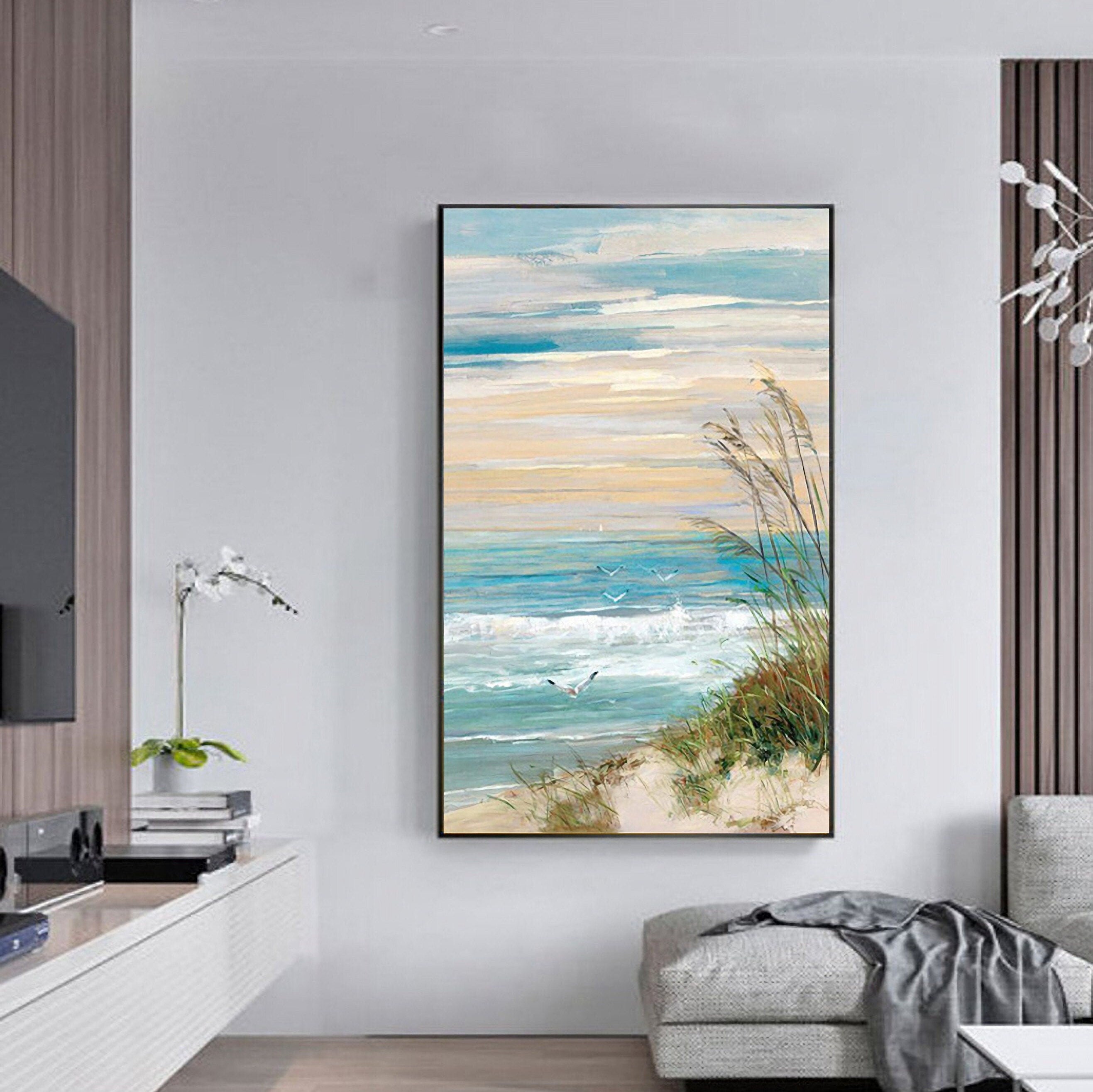 Abstract Beach Canvas Wall Art: Seashore Grasses Artwork Painting Seascape Painting for Walls