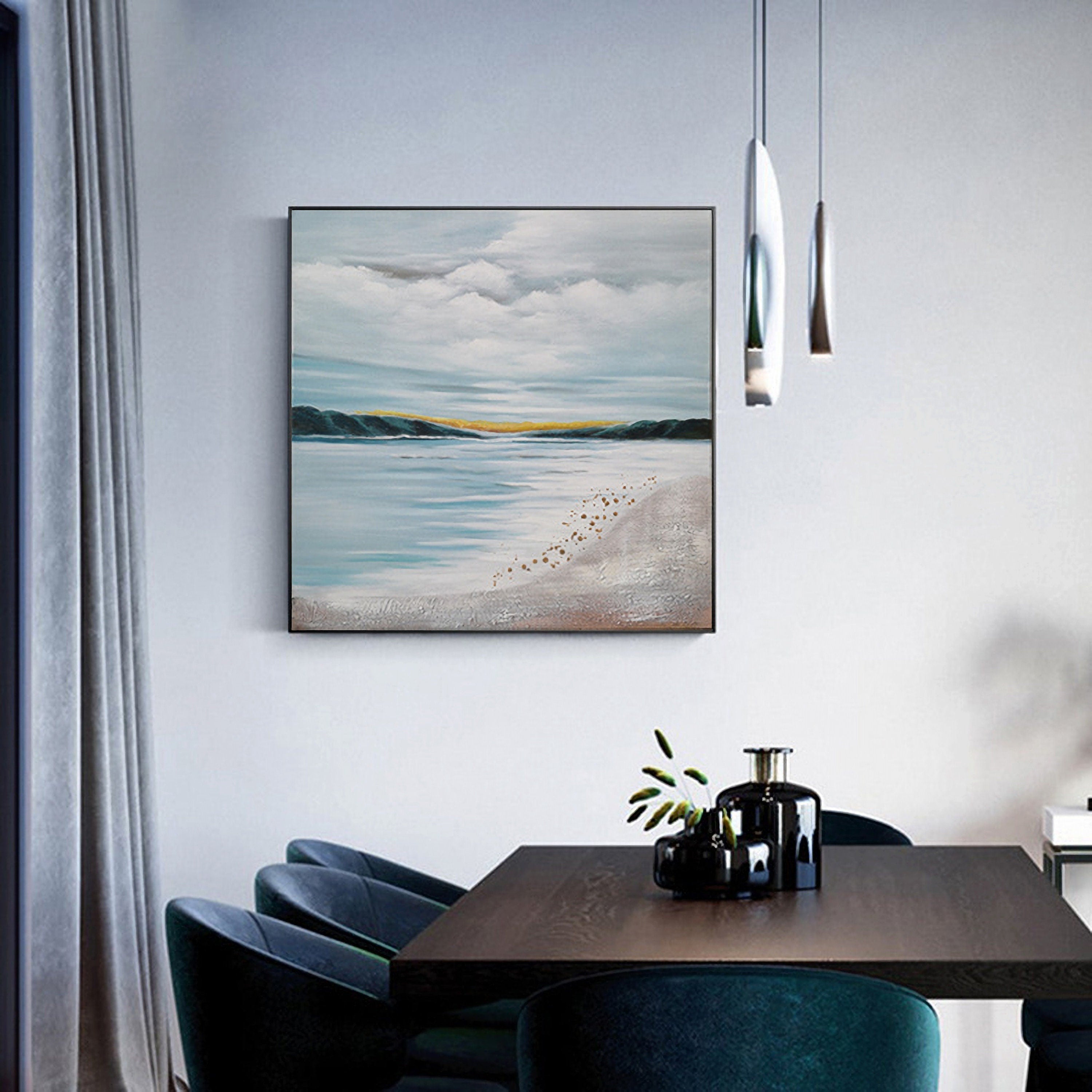 Ocean Wall Art Abstract Beach Painting, Coastal Wall Decor, Blue Seascape Painting for Living Room, Canvas Painting