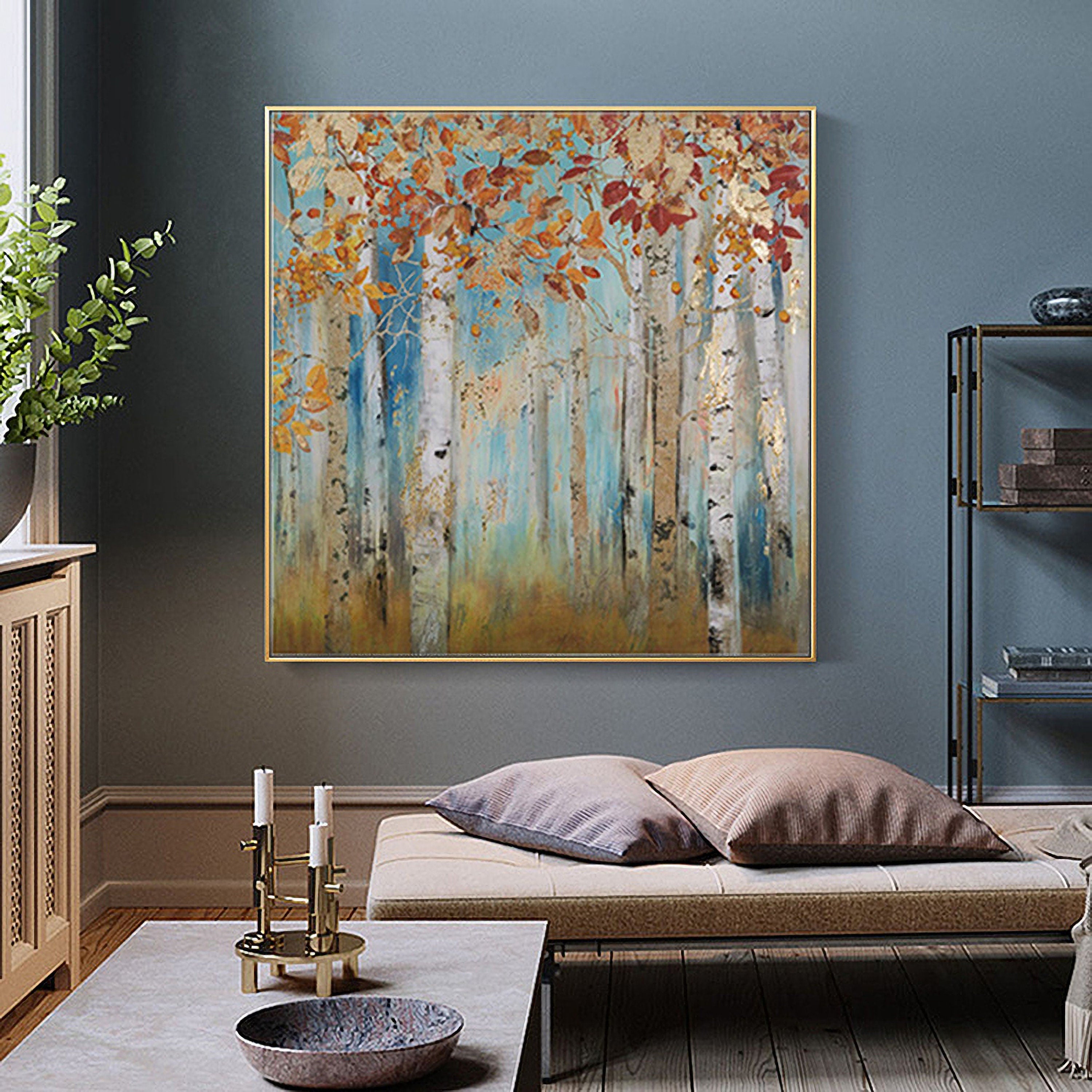 Abstract Landscape Canvas Artwork Painting: Yellow Birch Trees Painting Gold Foil Wall Art Painting on Canvas for Bedroom