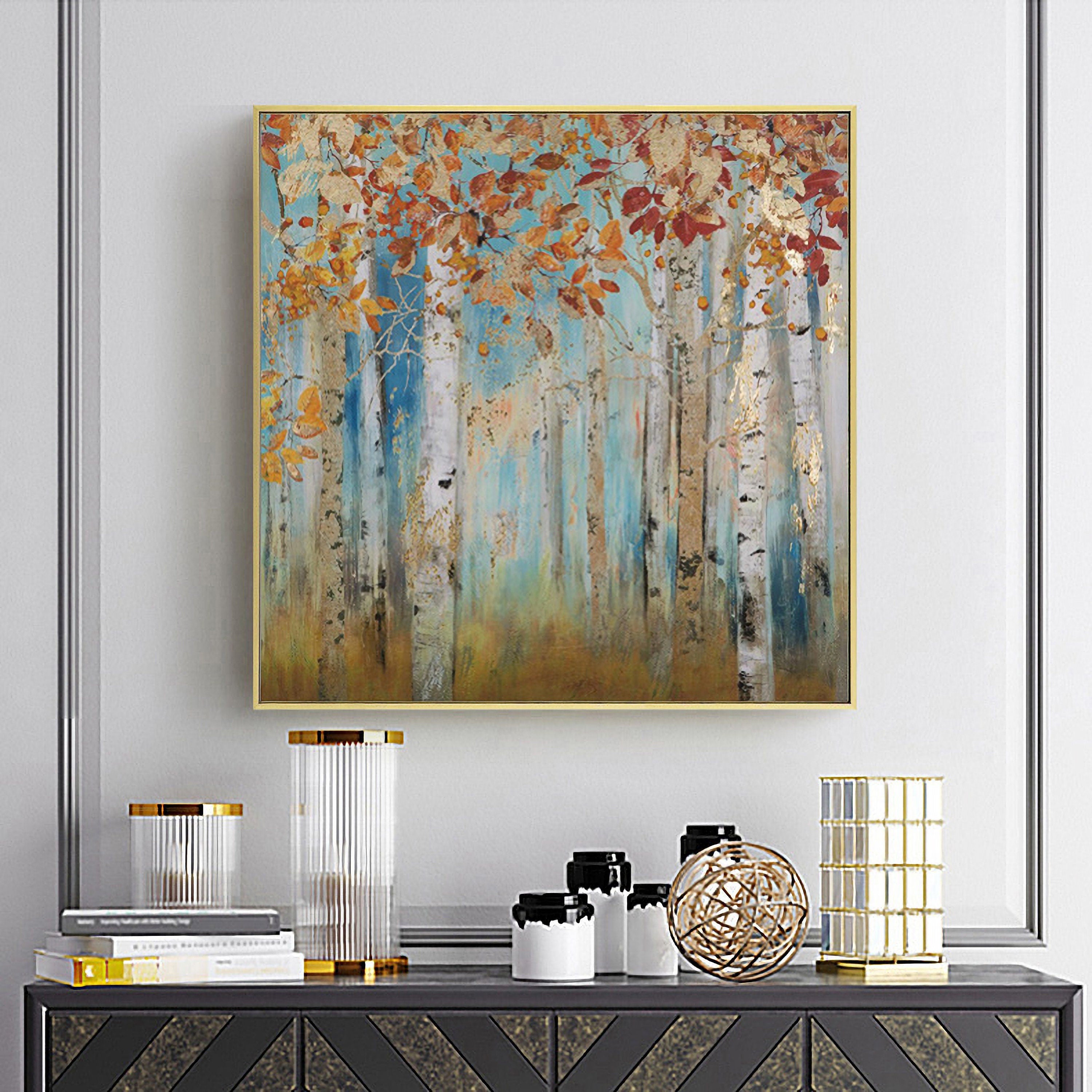 Abstract Landscape Canvas Artwork Painting: Yellow Birch Trees Painting Gold Foil Wall Art Painting on Canvas for Bedroom