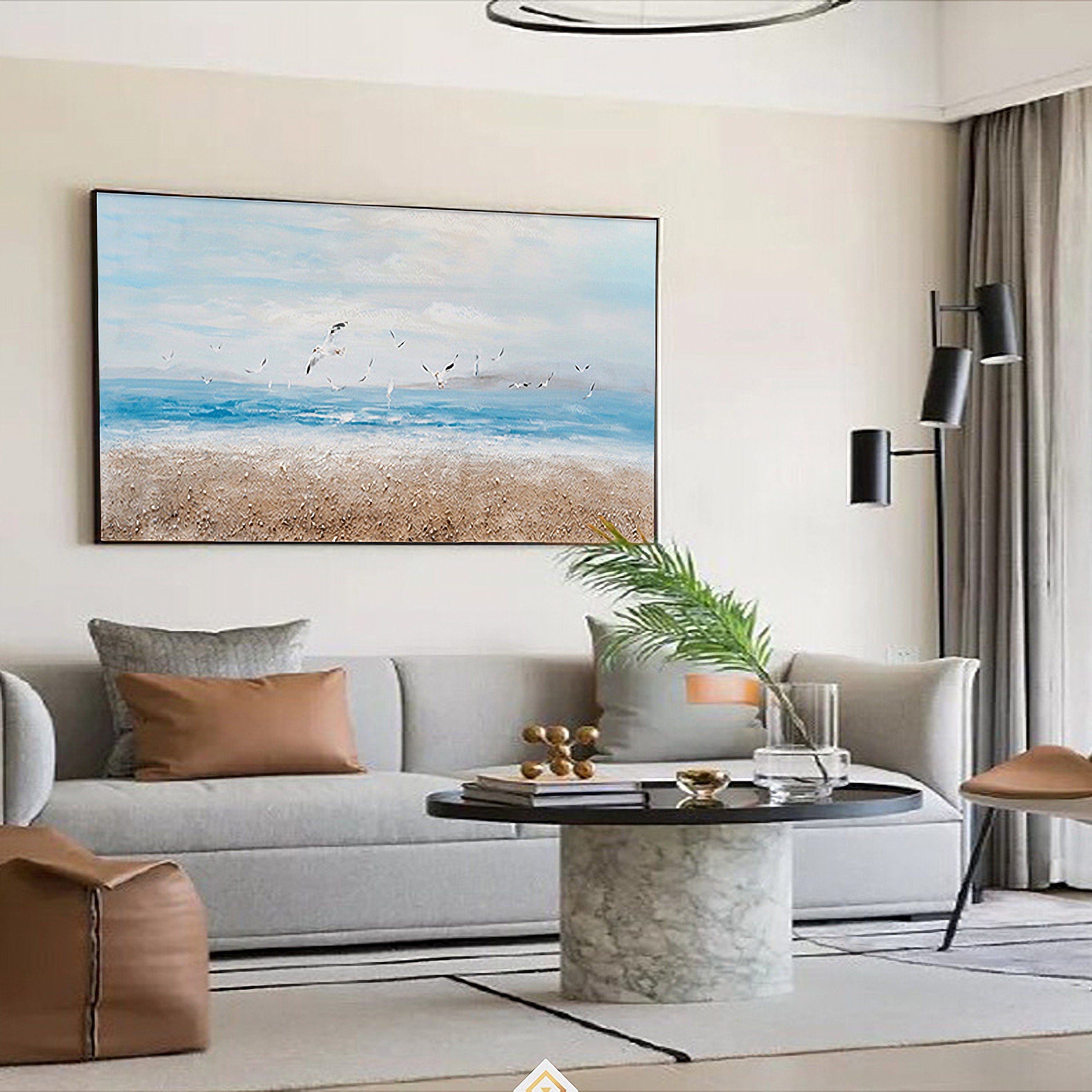 Abstract Ocean Artwork Coastal Picture: Beach Painting Sea Birds Wall Art Painting on Canvas for Office Living Room