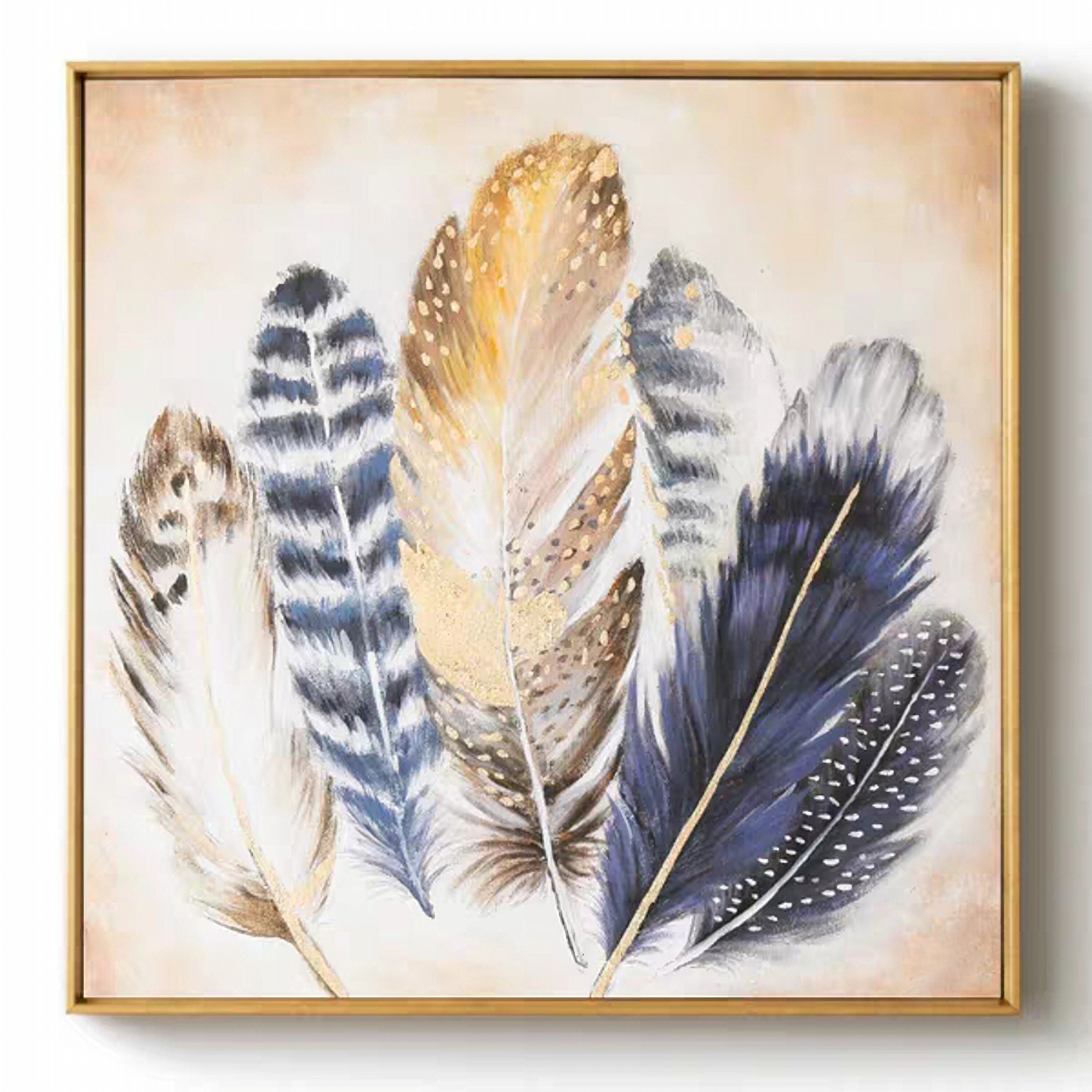Feather Canvas Wall Art for Living Room Bedroom Modern Artwork Blue Animal Feather Painting Wall Decor for Home Office…