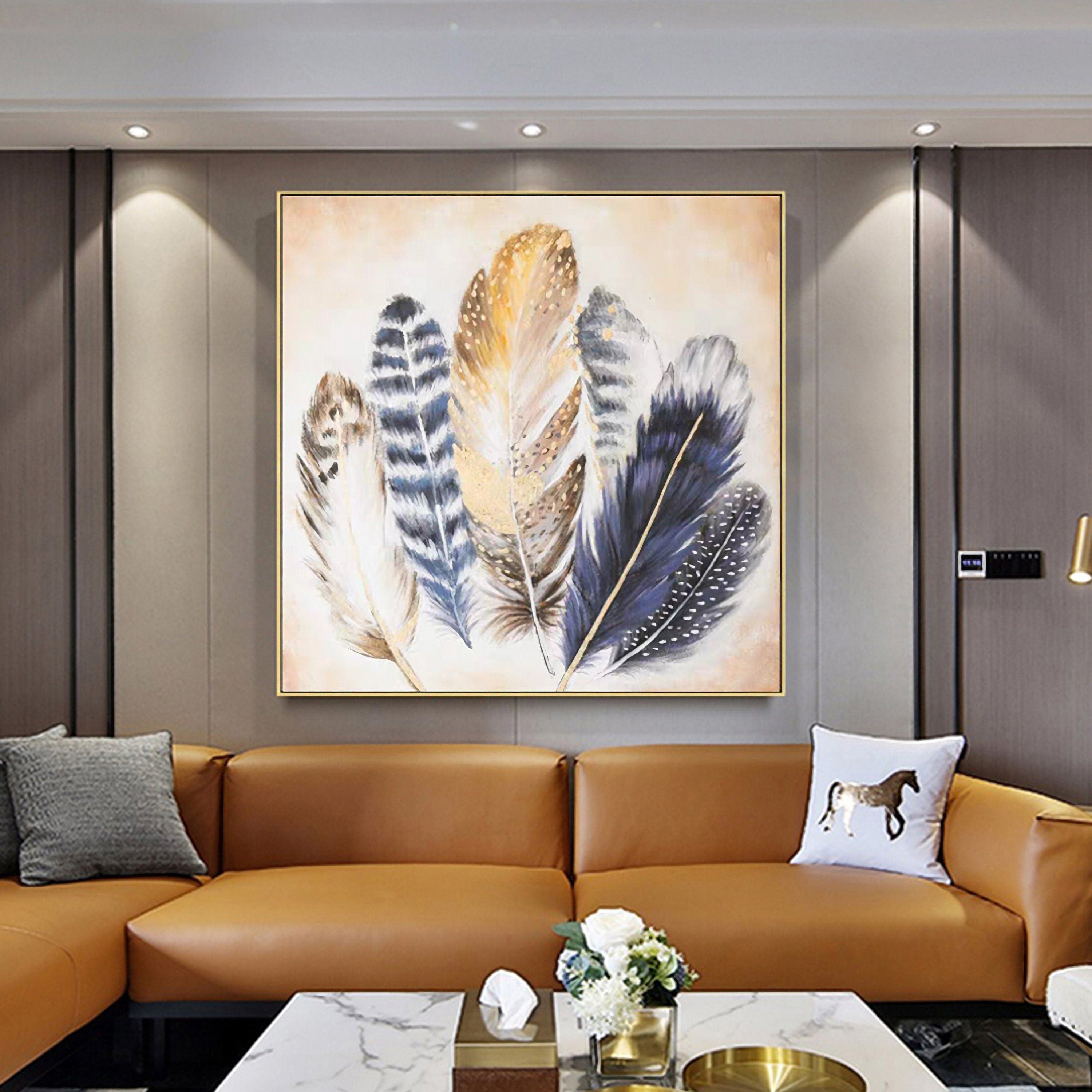 Feather Canvas Wall Art for Living Room Bedroom Modern Artwork Blue Animal Feather Painting Wall Decor for Home Office…