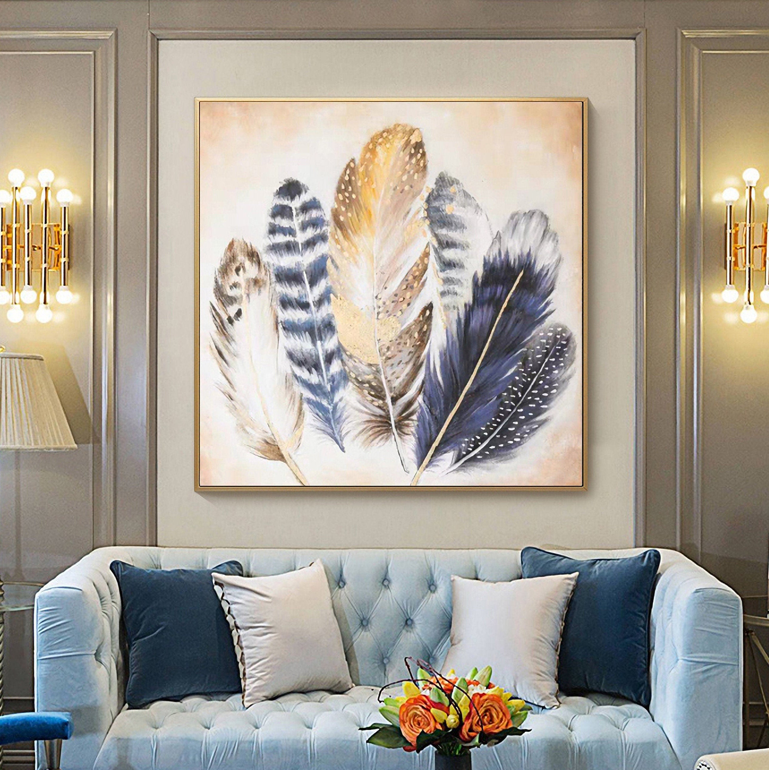 Feather Canvas Wall Art for Living Room Bedroom Modern Artwork Blue Animal Feather Painting Wall Decor for Home Office…