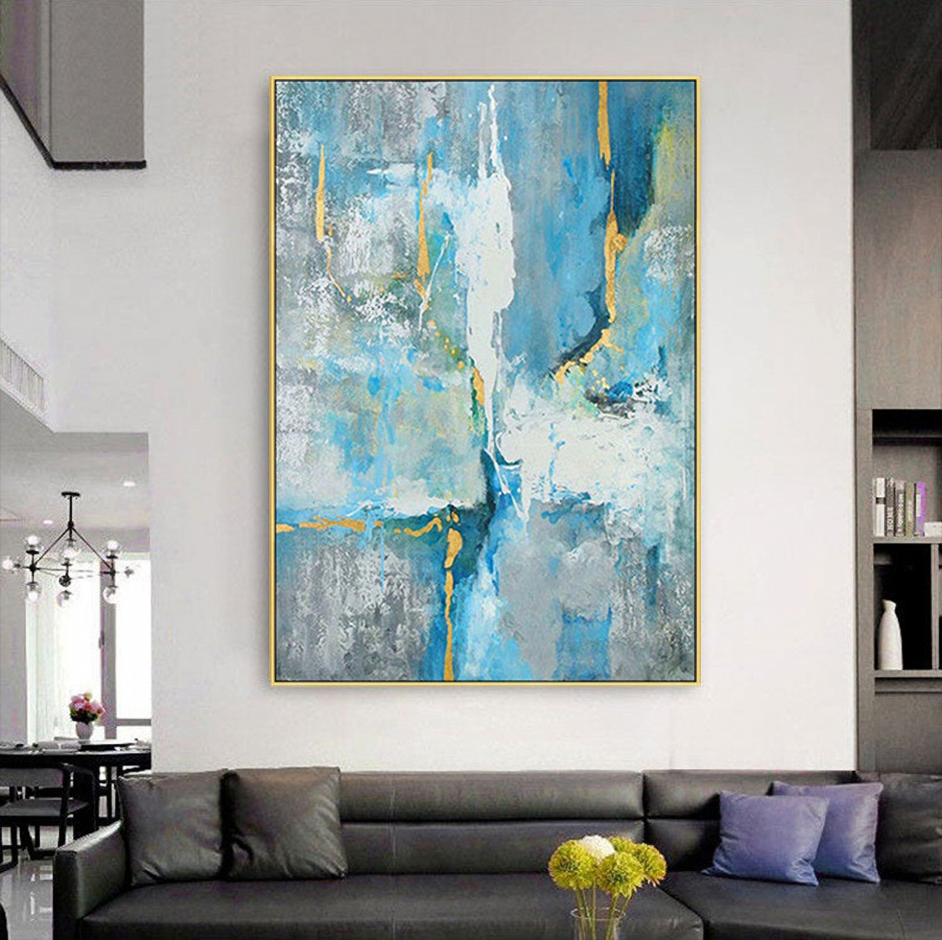 Blue Abstract Painting Wall Art: Modern Picture on Canvas Artwork for Bedroom (24'' x 32'')