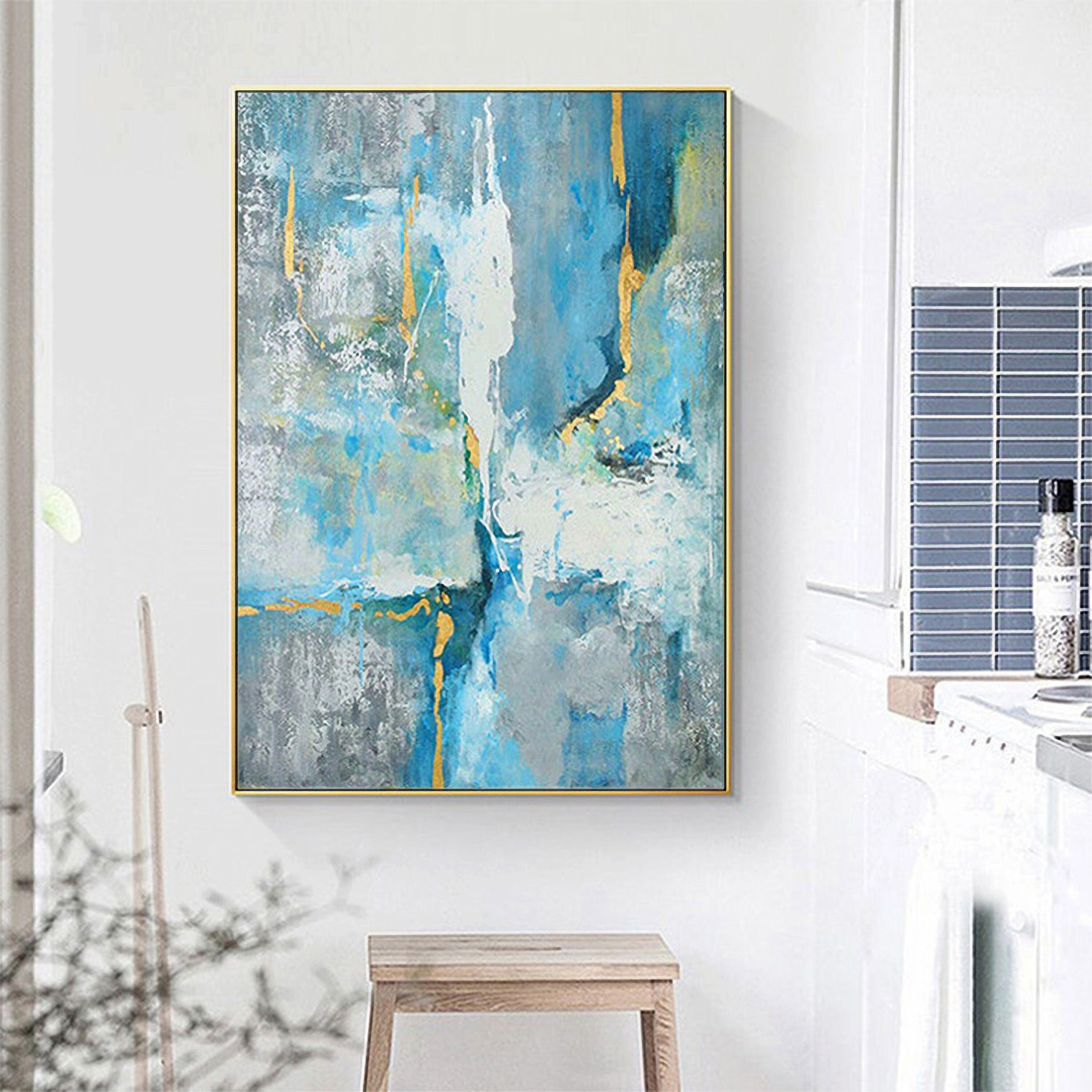 Blue Abstract Painting Wall Art: Modern Picture on Canvas Artwork for Bedroom (24'' x 32'')