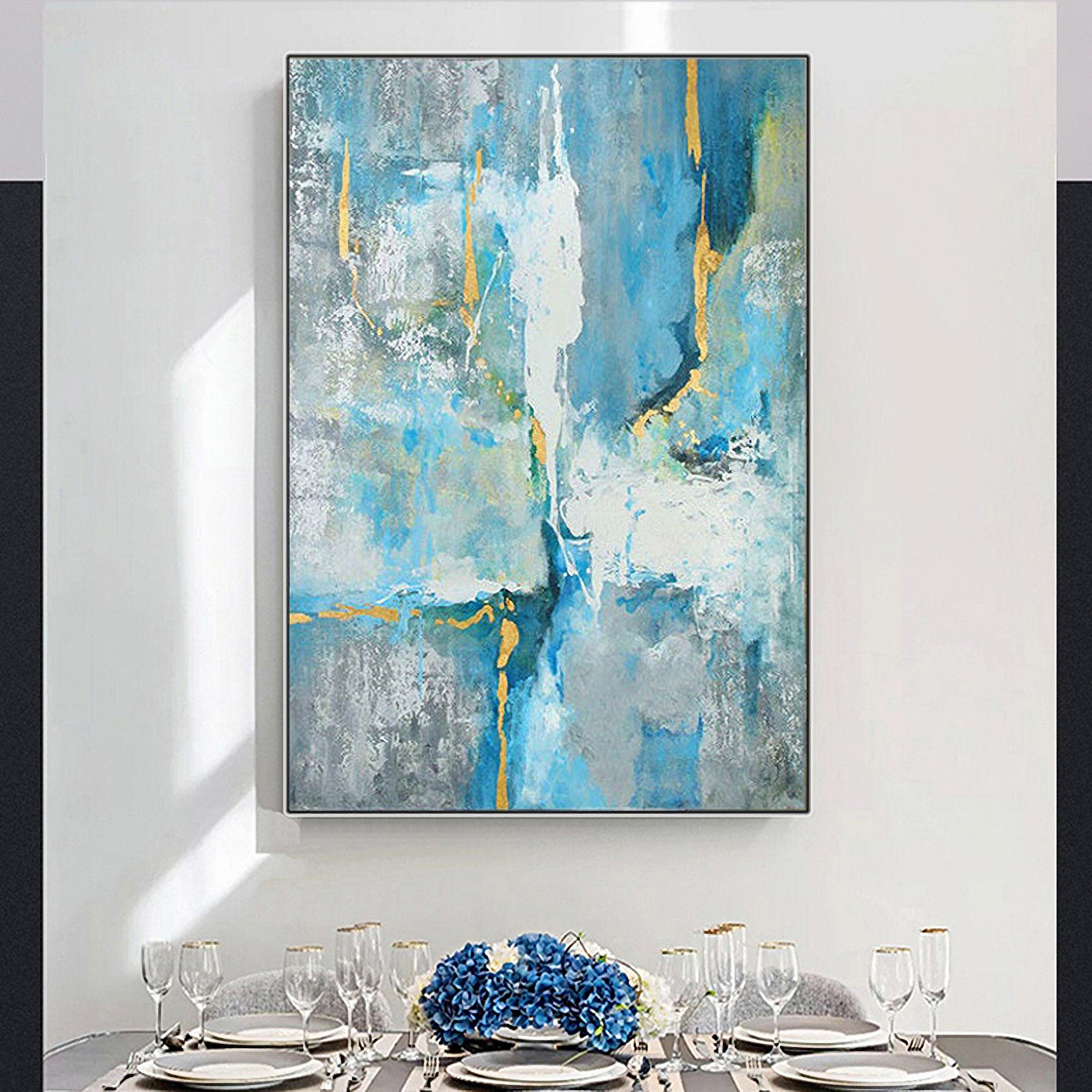 Blue Abstract Painting Wall Art: Modern Picture on Canvas Artwork for Bedroom (24'' x 32'')