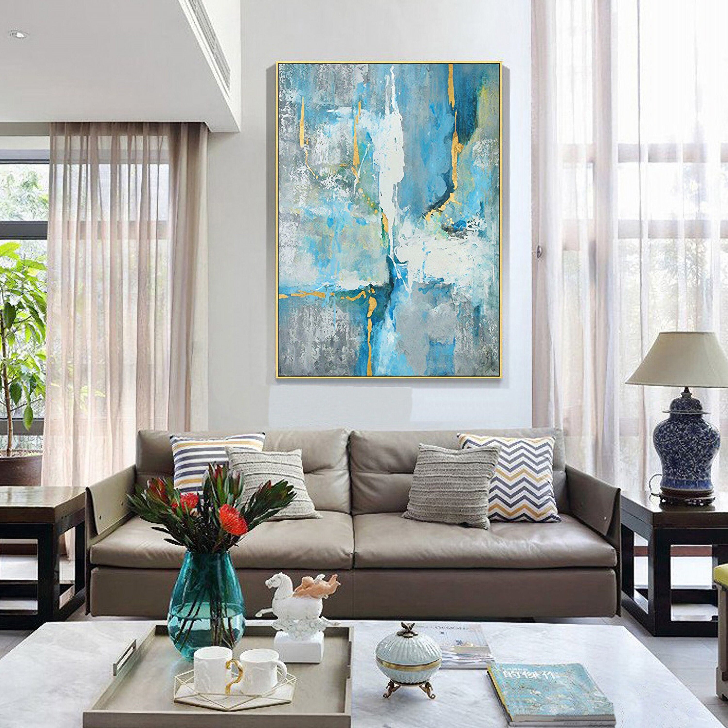 Blue Abstract Painting Wall Art: Modern Picture on Canvas Artwork for Bedroom (24'' x 32'')