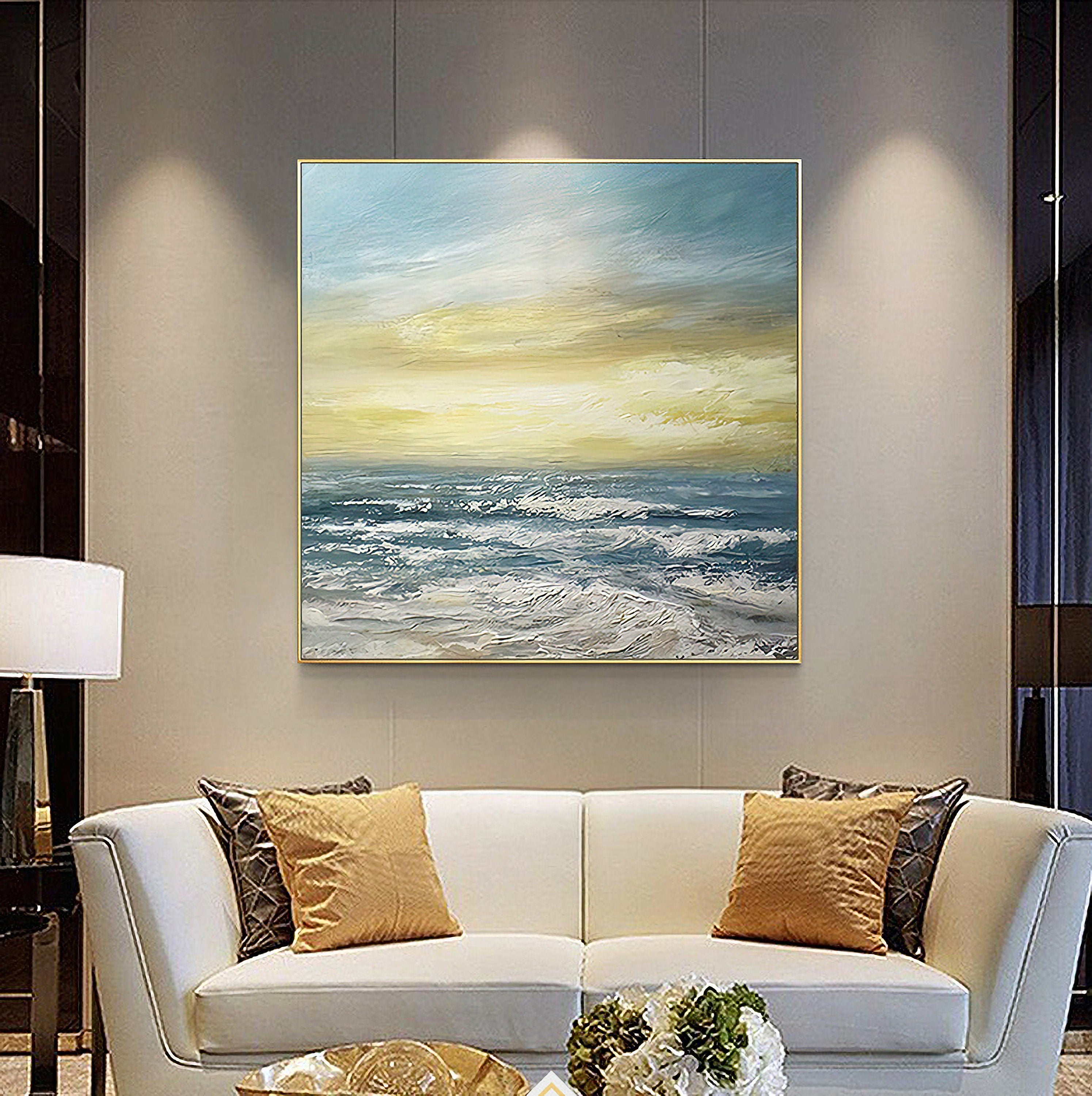 Ocean Wave Canvas Wall Art: Seascape Sunset Artwork Painting on Canvas for Bedroom (24'' x 24'')