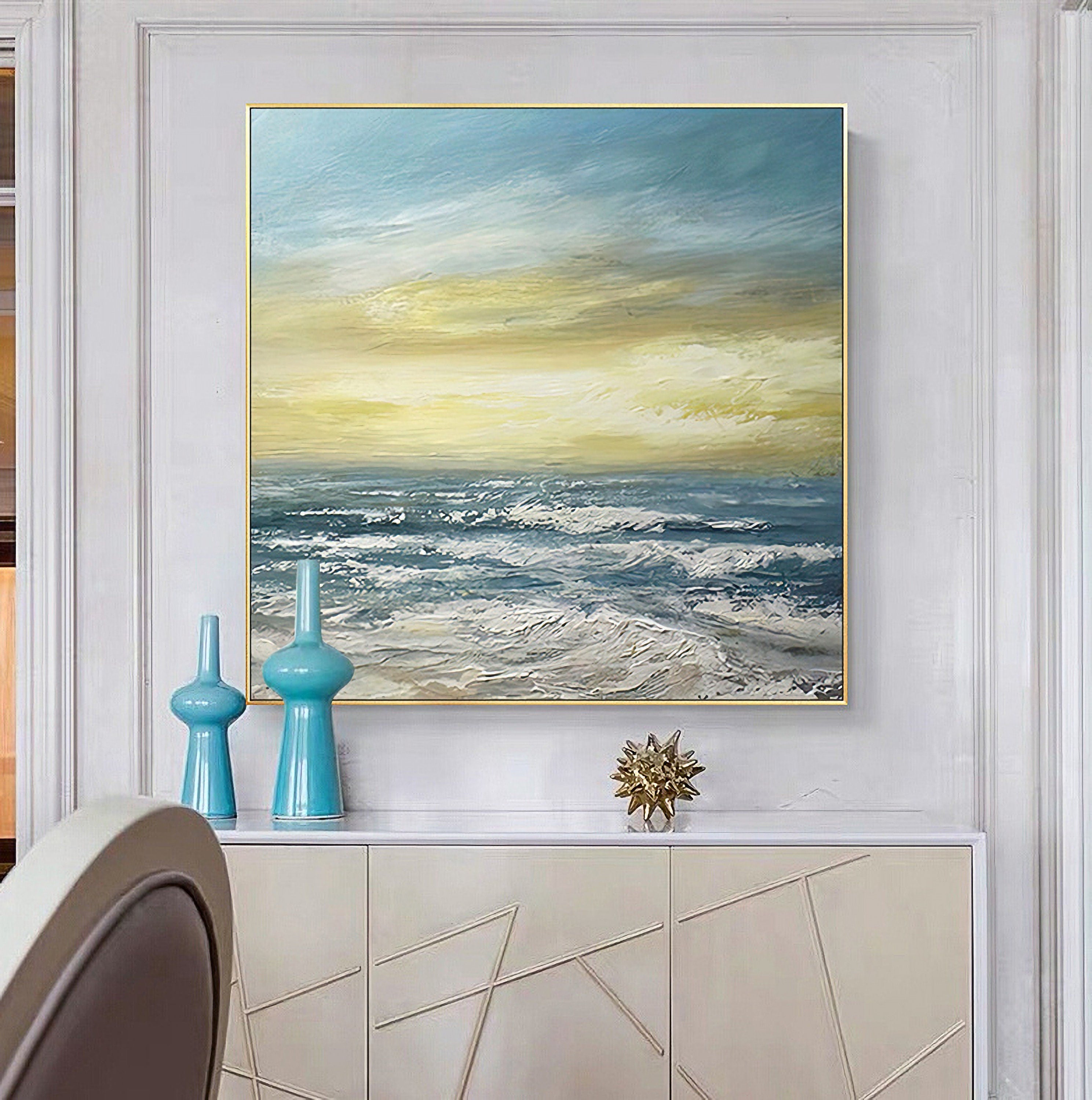 Ocean Wave Canvas Wall Art: Seascape Sunset Artwork Painting on Canvas for Bedroom (24'' x 24'')