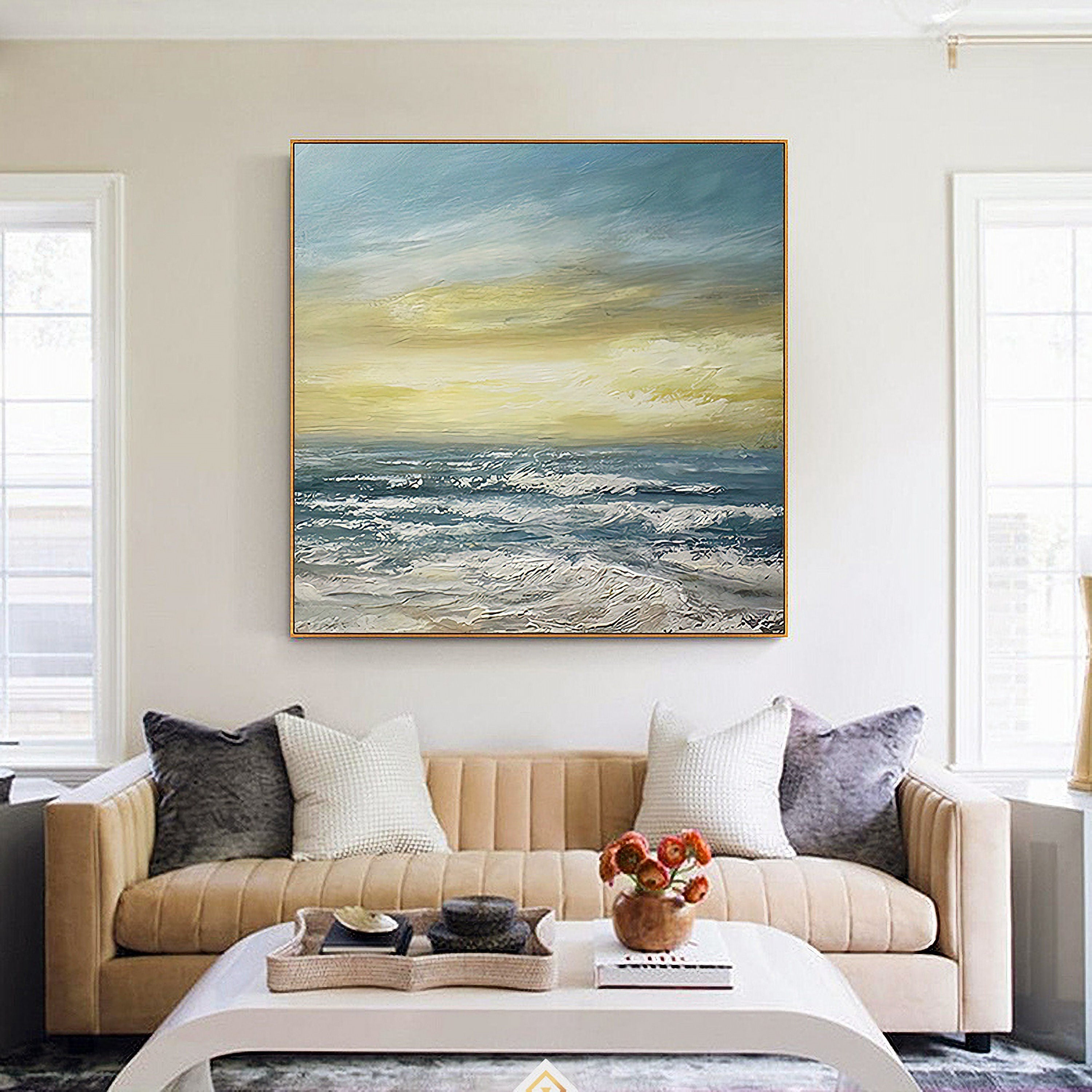Ocean Wave Canvas Wall Art: Seascape Sunset Artwork Painting on Canvas for Bedroom (24'' x 24'')