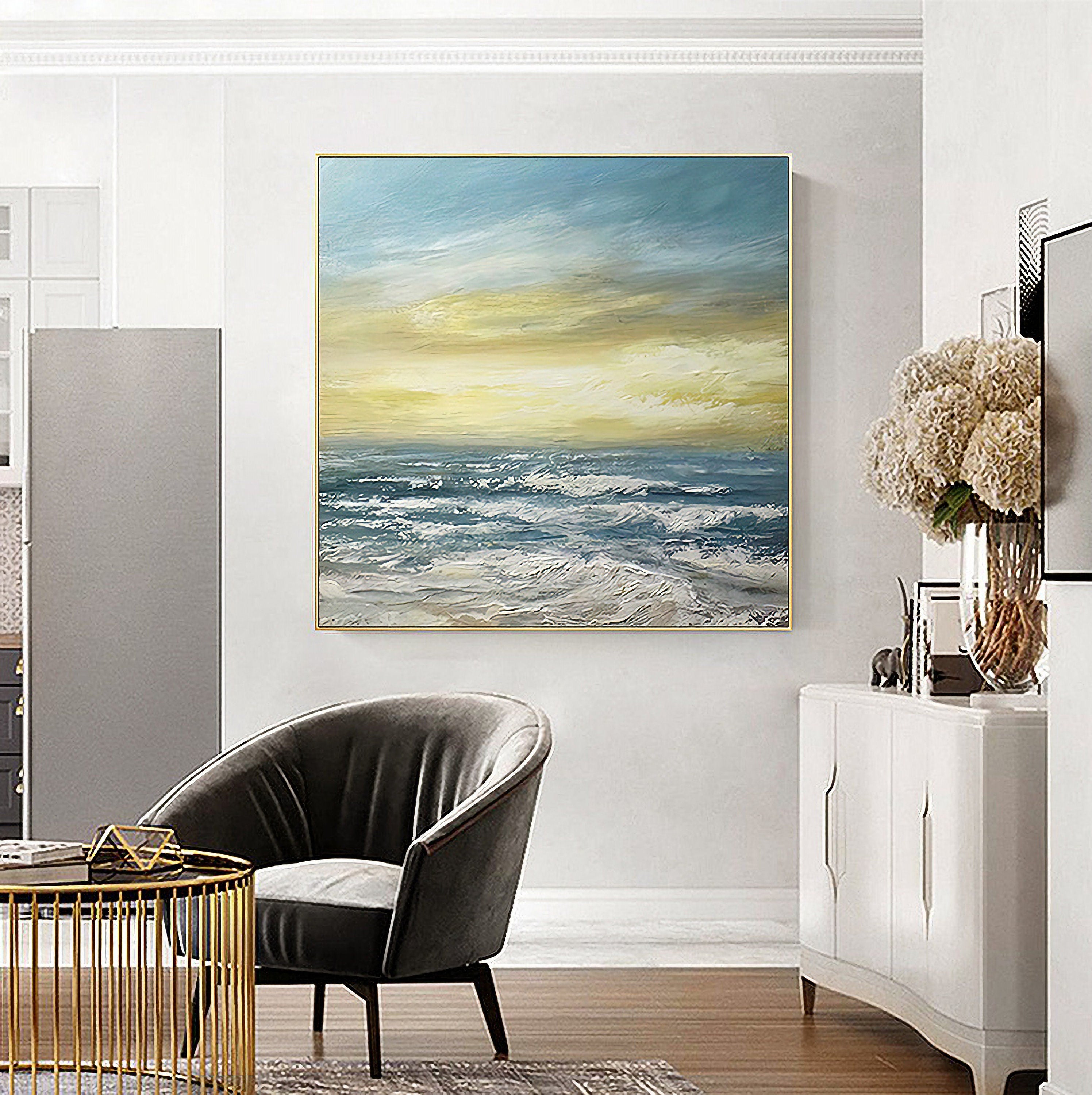 Ocean Wave Canvas Wall Art: Seascape Sunset Artwork Painting on Canvas for Bedroom (24'' x 24'')