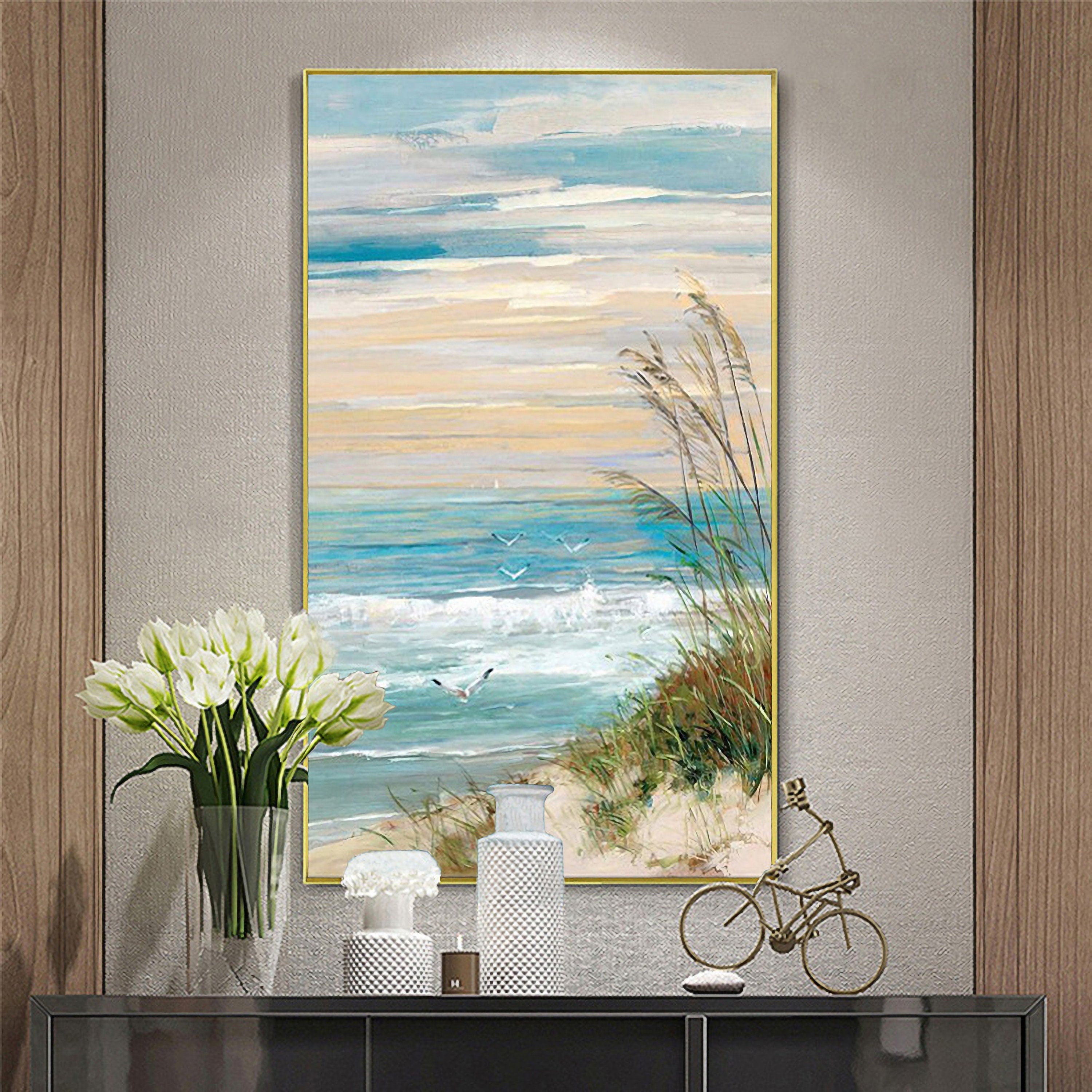 Abstract Beach Canvas Wall Art: Seashore Grasses Artwork Painting Seascape Painting for Walls