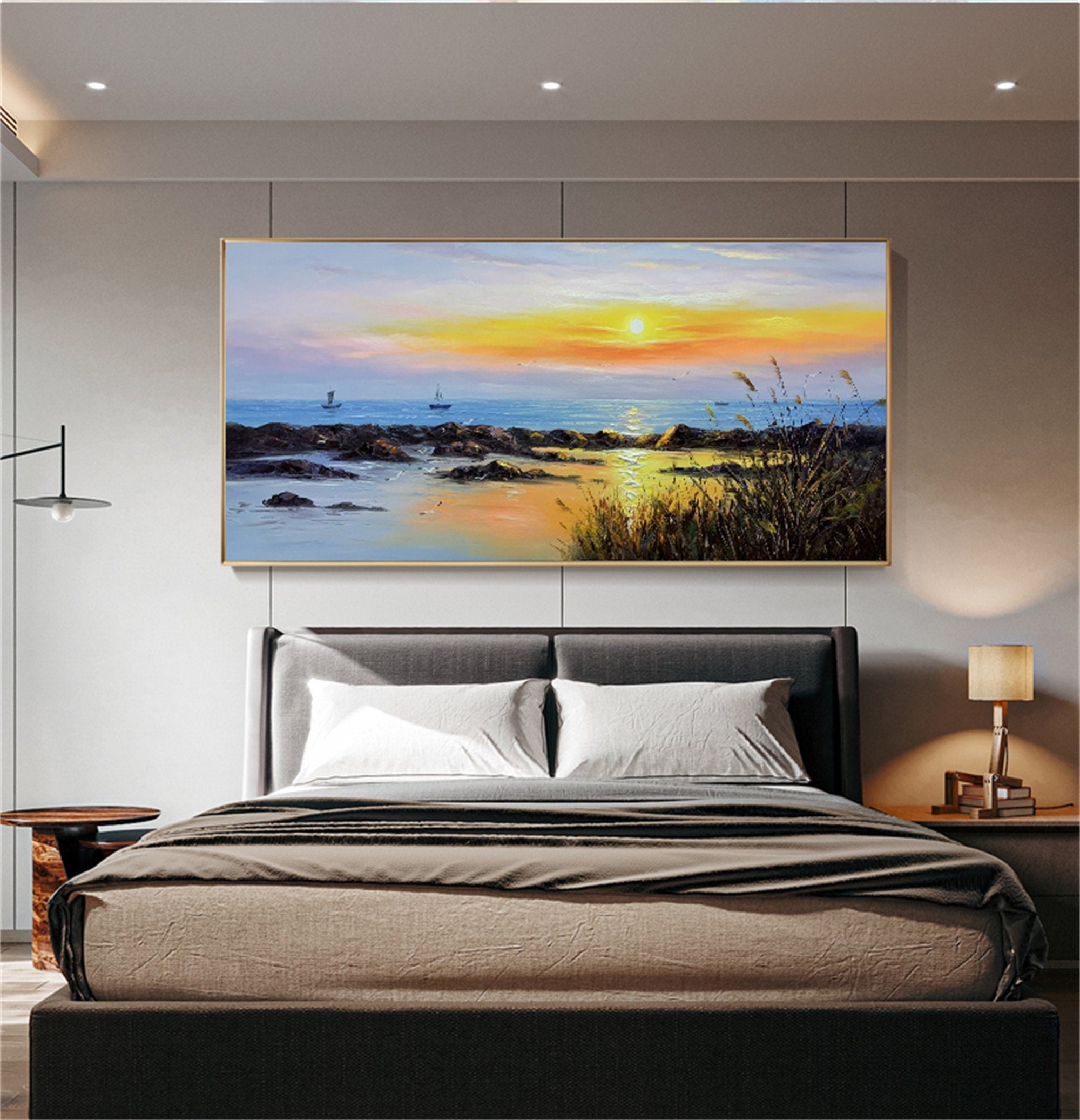 Pure hand painted oil painting living room sofa background wall decoration painting thick oil knife painting sunrise mural
