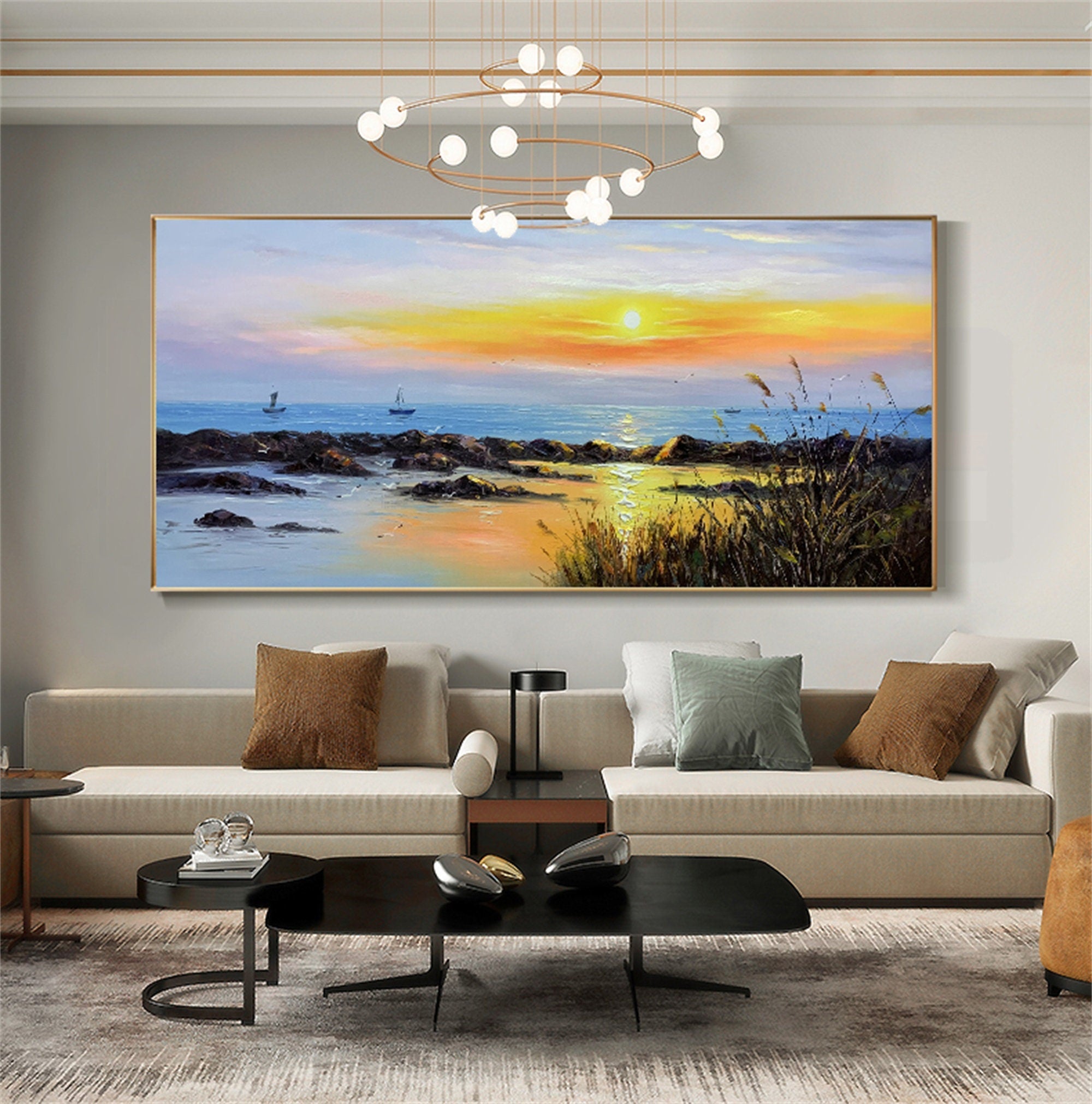 Pure hand painted oil painting living room sofa background wall decoration painting thick oil knife painting sunrise mural