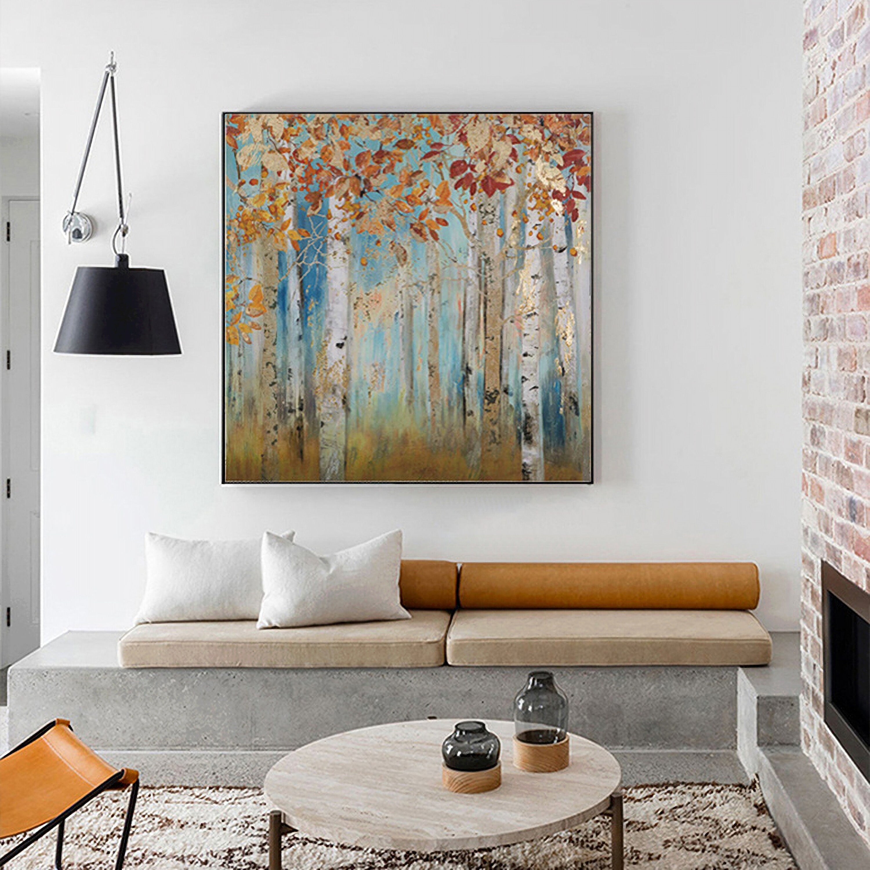 Abstract Landscape Canvas Artwork Painting: Yellow Birch Trees Painting Gold Foil Wall Art Painting on Canvas for Bedroom