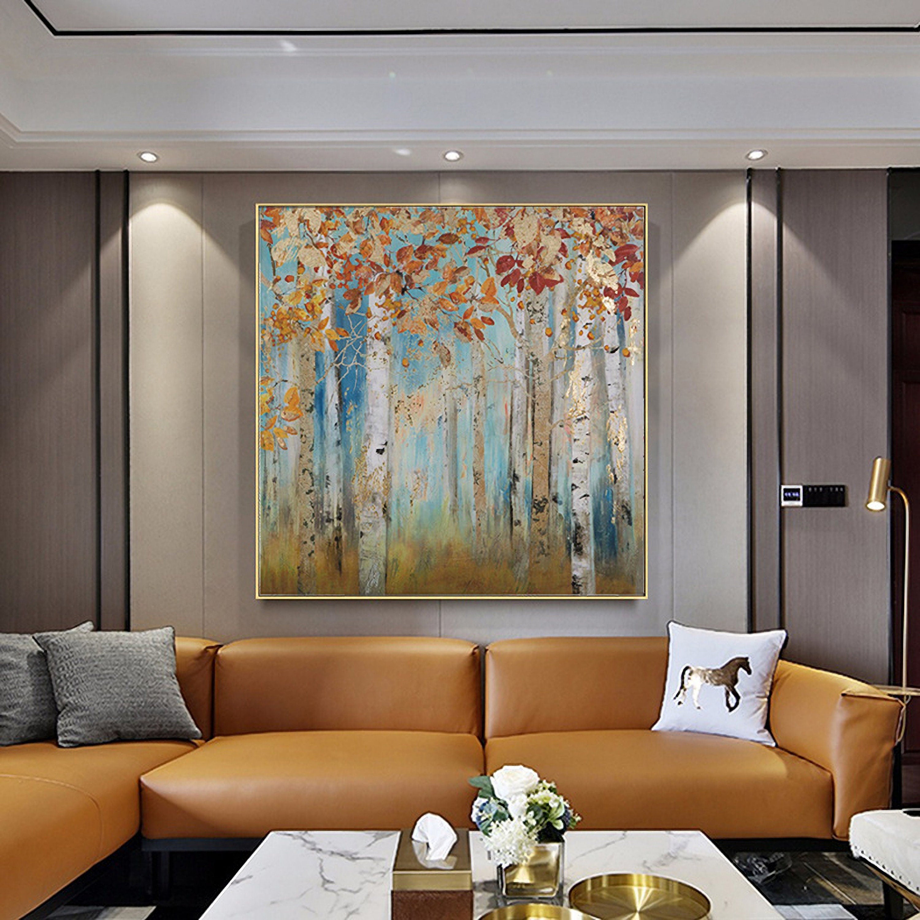 Abstract Landscape Canvas Artwork Painting: Yellow Birch Trees Painting Gold Foil Wall Art Painting on Canvas for Bedroom