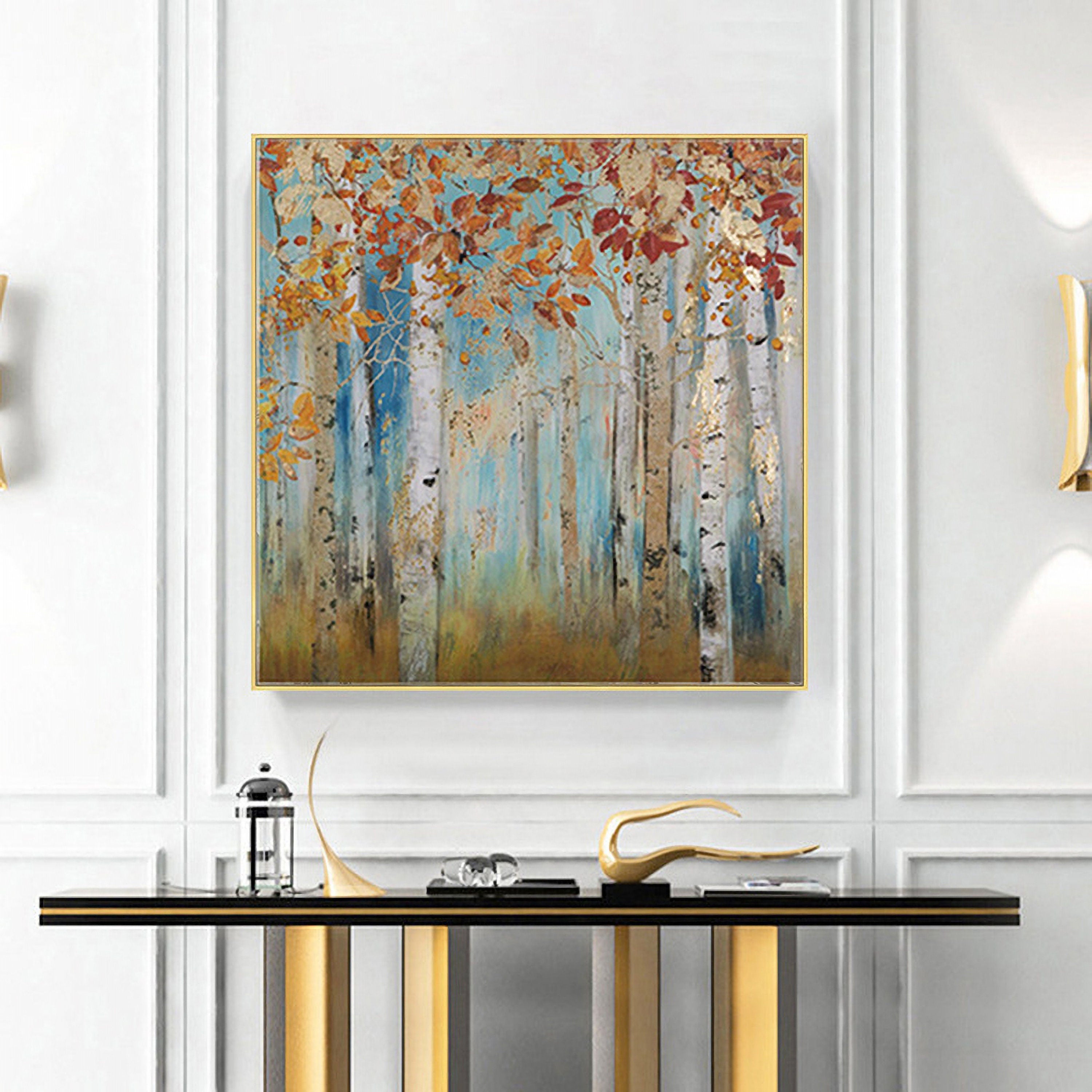 Abstract Landscape Canvas Artwork Painting: Yellow Birch Trees Painting Gold Foil Wall Art Painting on Canvas for Bedroom