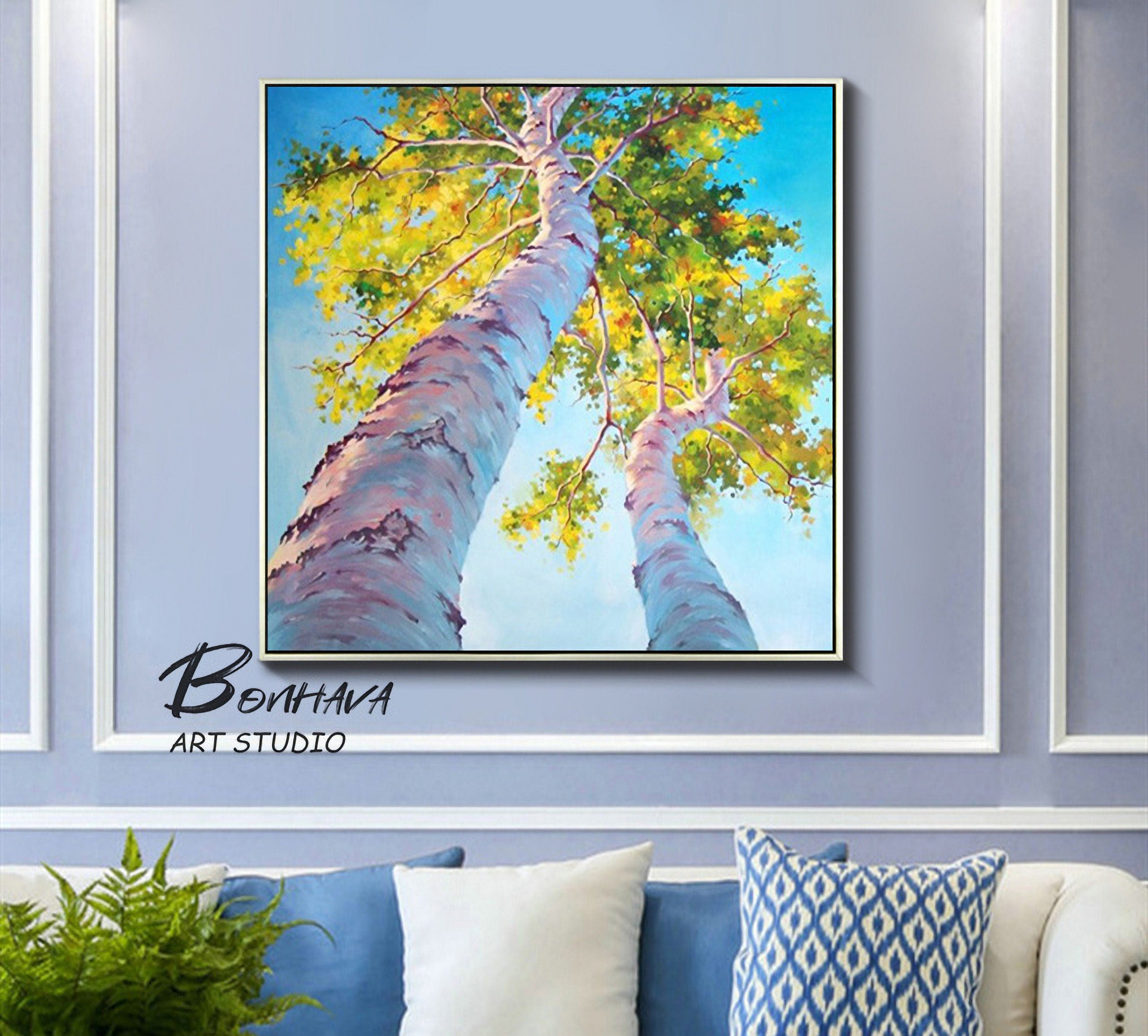 Tree Painting Abstract Wall Art: Green Birch Trees Painting Forest Landscape Artwork for Living Room (24” x 24'')