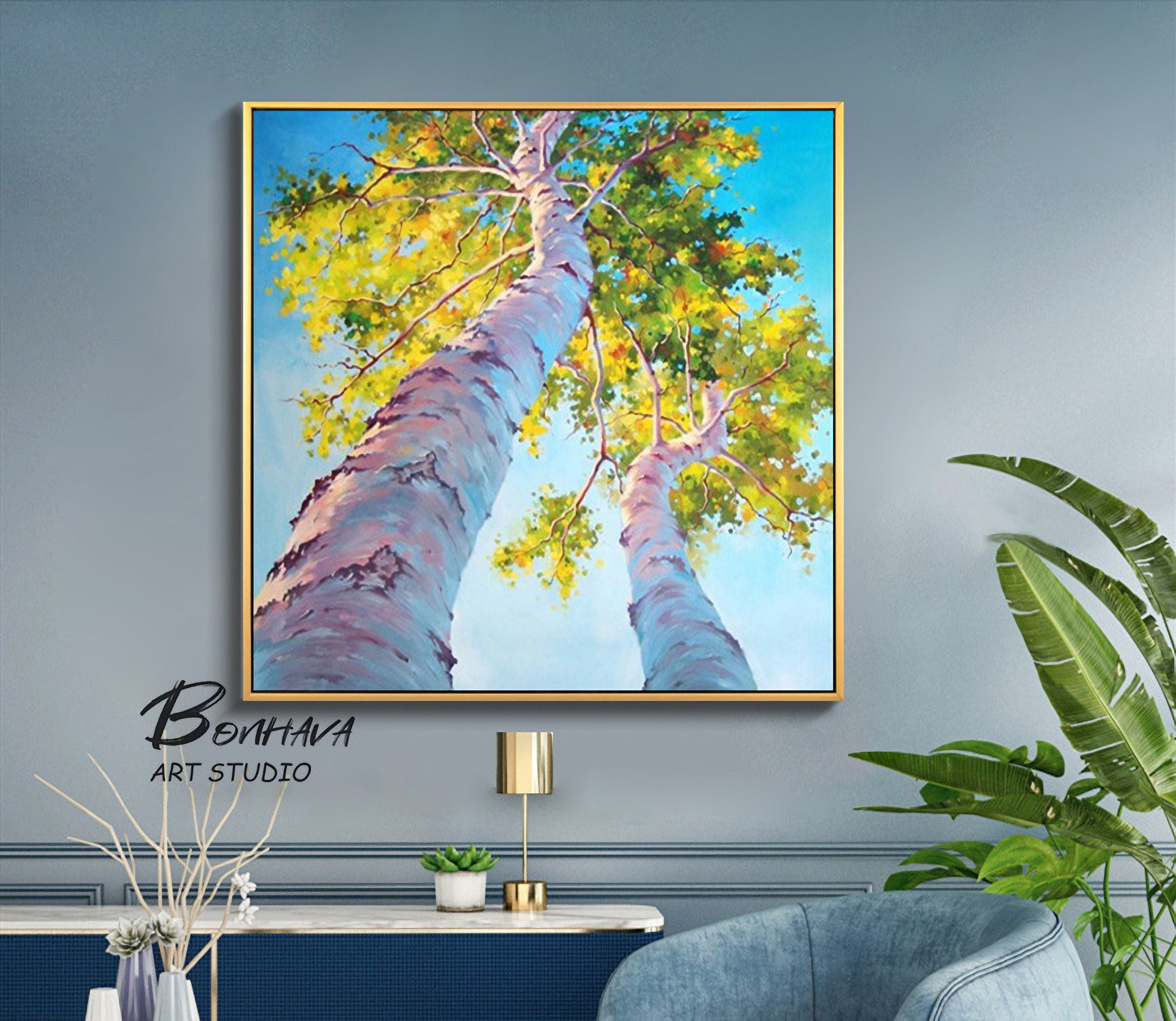 Tree Painting Abstract Wall Art: Green Birch Trees Painting Forest Landscape Artwork for Living Room (24” x 24'')