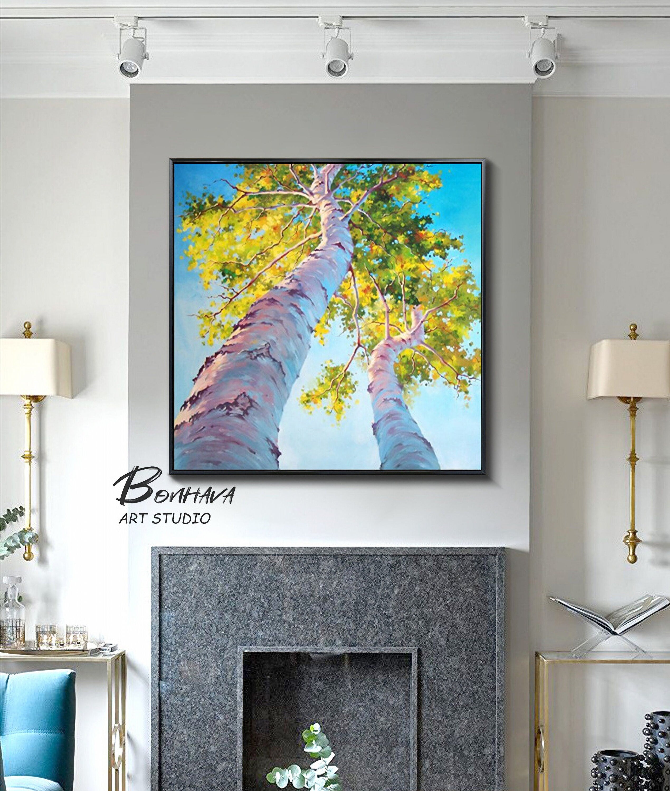 Tree Painting Abstract Wall Art: Green Birch Trees Painting Forest Landscape Artwork for Living Room (24” x 24'')