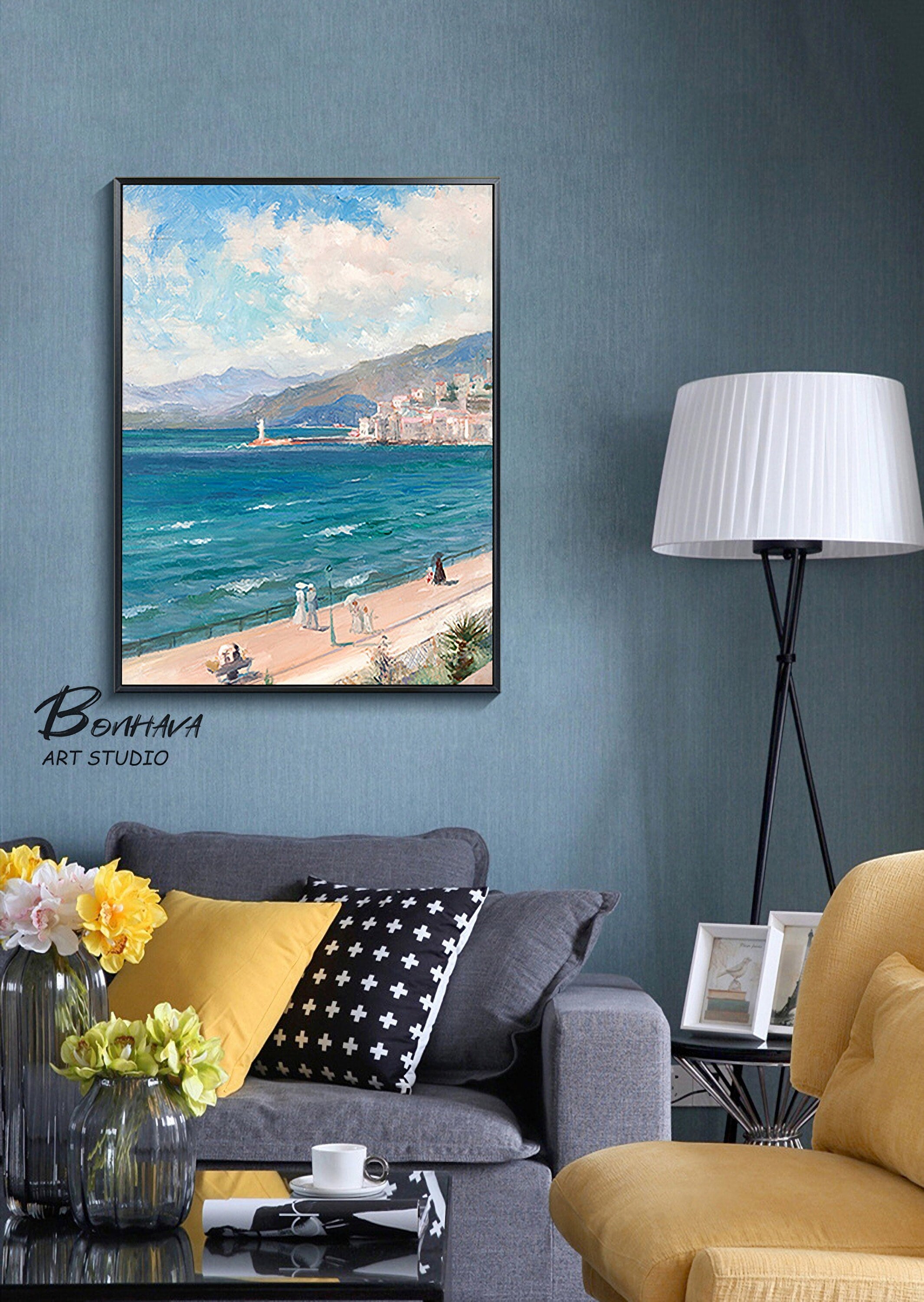 Seashore Artwork Coastal Wall Art: Abstract Beach Art Oil Painting on Canvas for Room Decoration (28'' x…