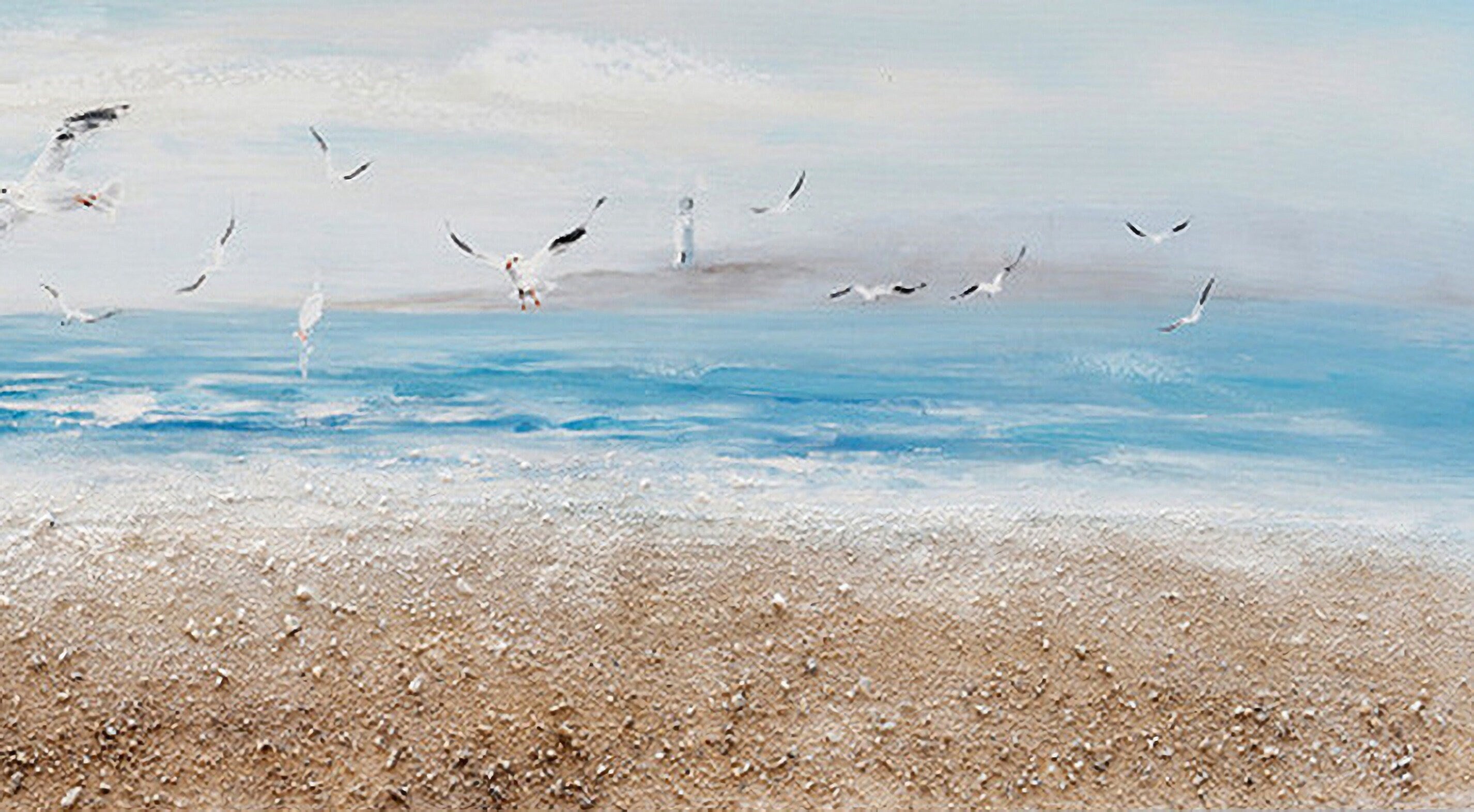 Abstract Ocean Artwork Coastal Picture: Beach Painting Sea Birds Wall Art Painting on Canvas for Office Living Room