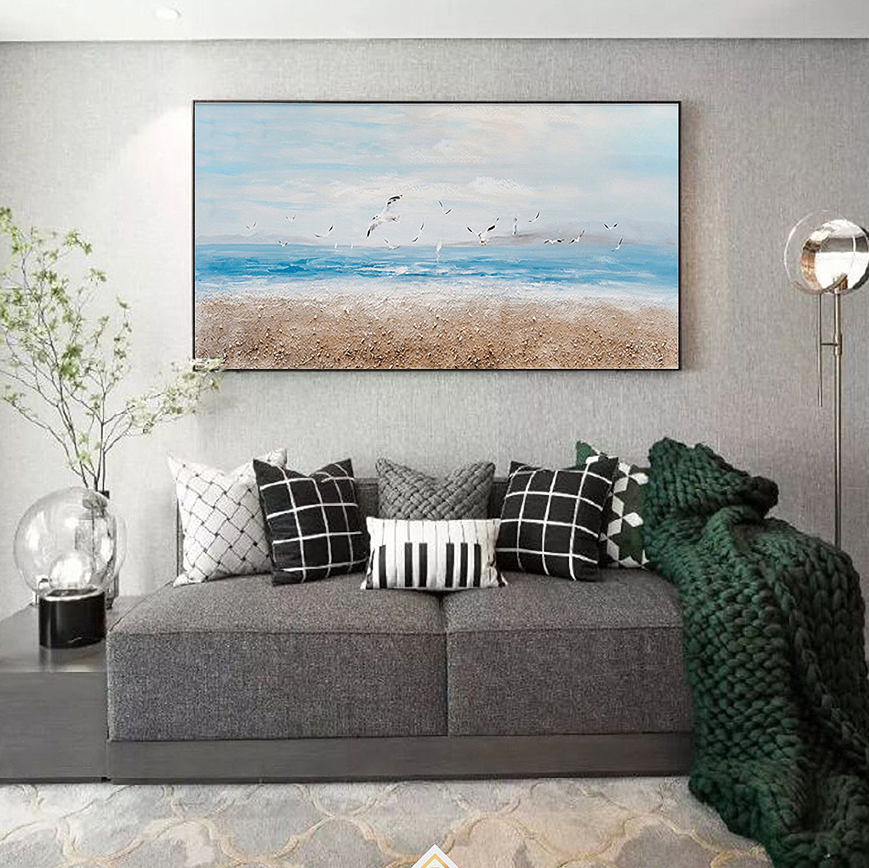 Abstract Ocean Artwork Coastal Picture: Beach Painting Sea Birds Wall Art Painting on Canvas for Office Living Room