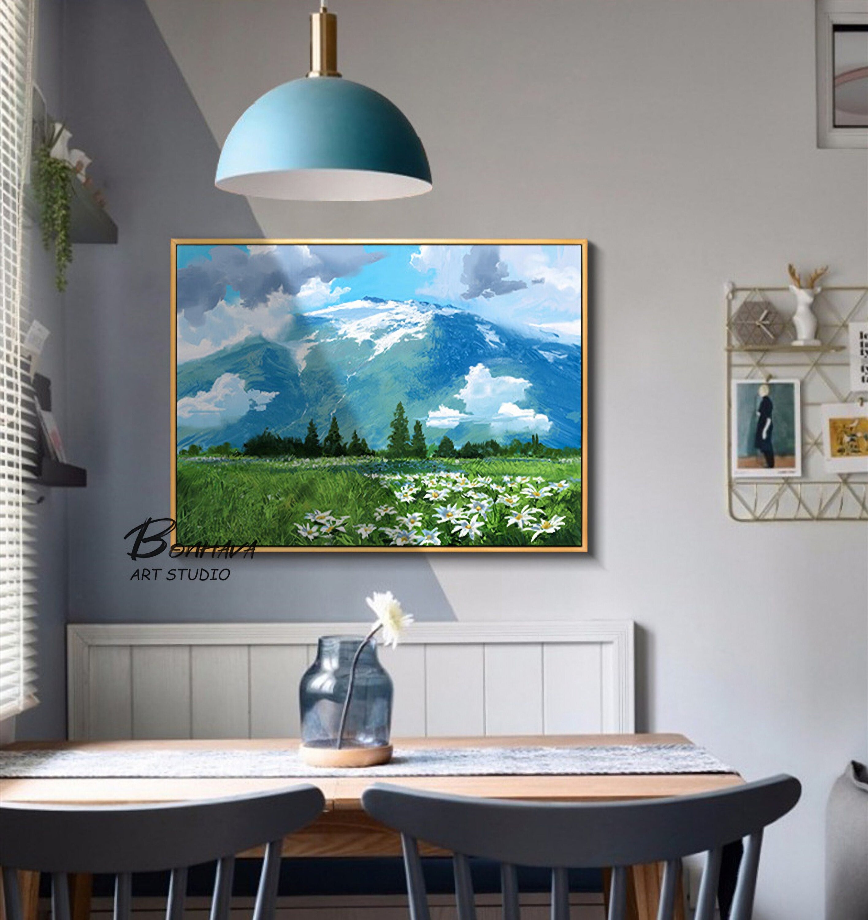 Mountain Painting Canvas Wall Art: Abstract Landscape Artwork Hand Painted on Canvas for Living Room (24” x 36”)