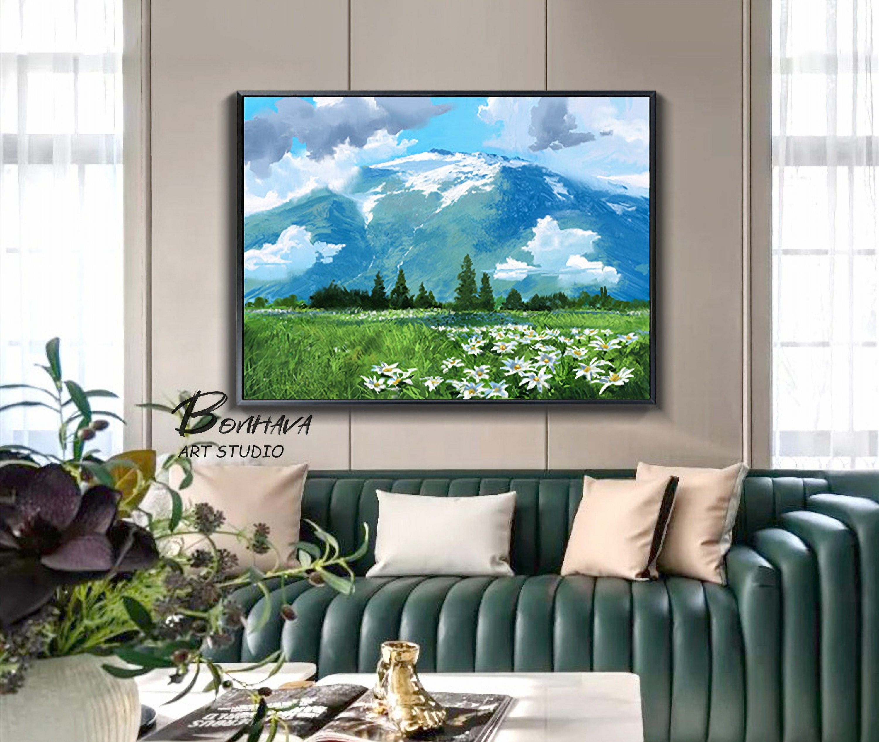 Mountain Painting Canvas Wall Art: Abstract Landscape Artwork Hand Painted on Canvas for Living Room (24” x 36”)